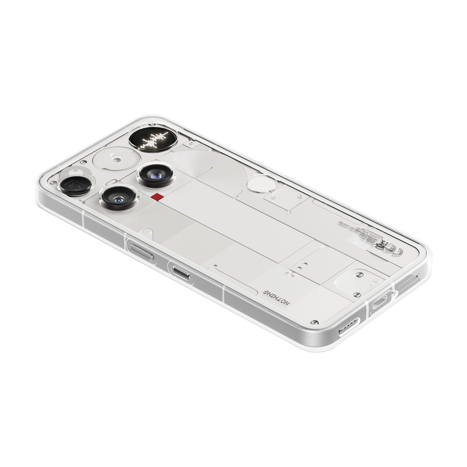 Un telefono Nothing bianco e trasparente. Ha più obiettivi fotografici e un retro trasparente con alcuni componenti visibili.