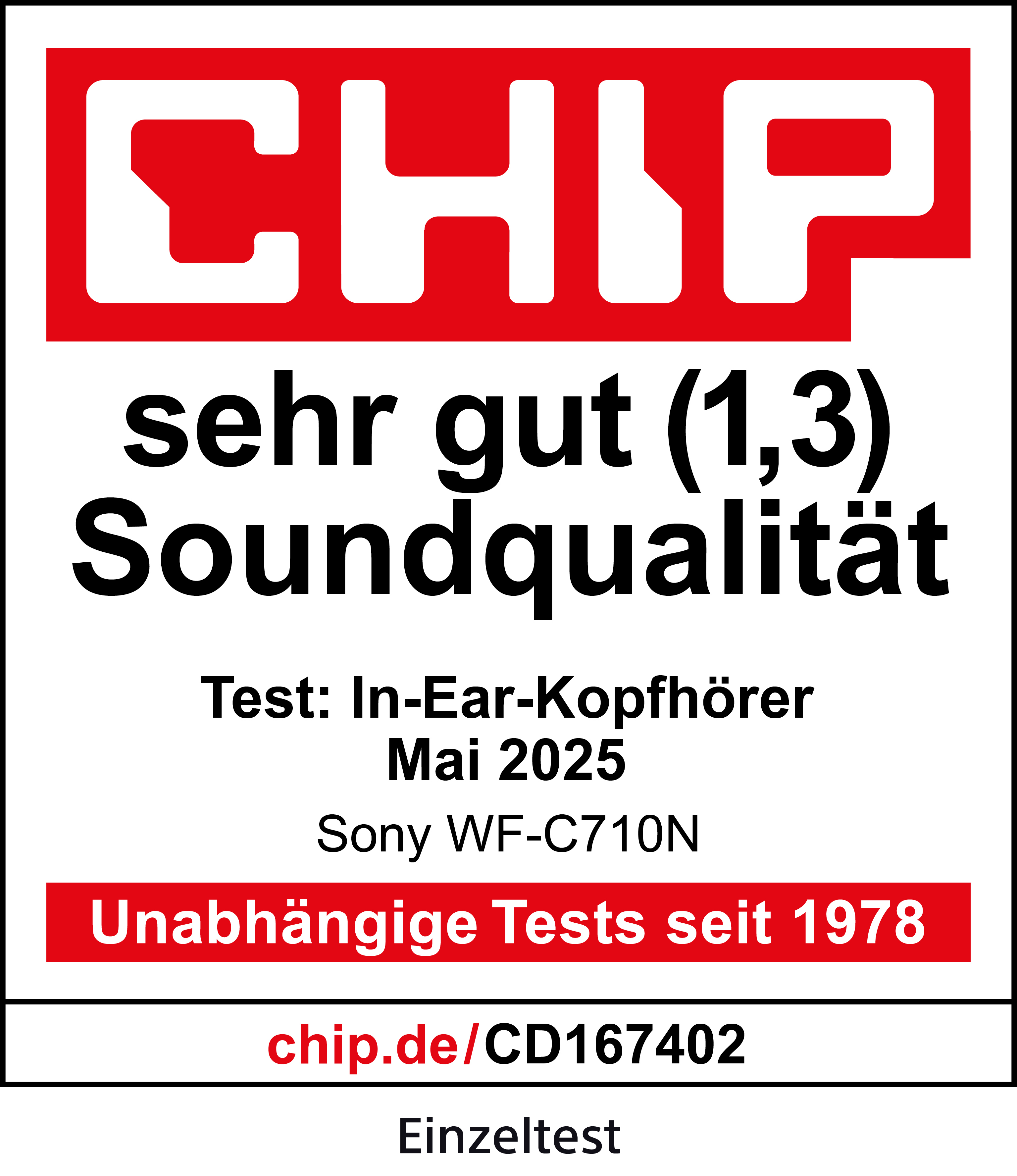 Ein rotes und weißes CHIP-Logo mit Text. Es steht "sehr gut Soundqualität" und "In-Ear-Kopfhörer Mai 2025".