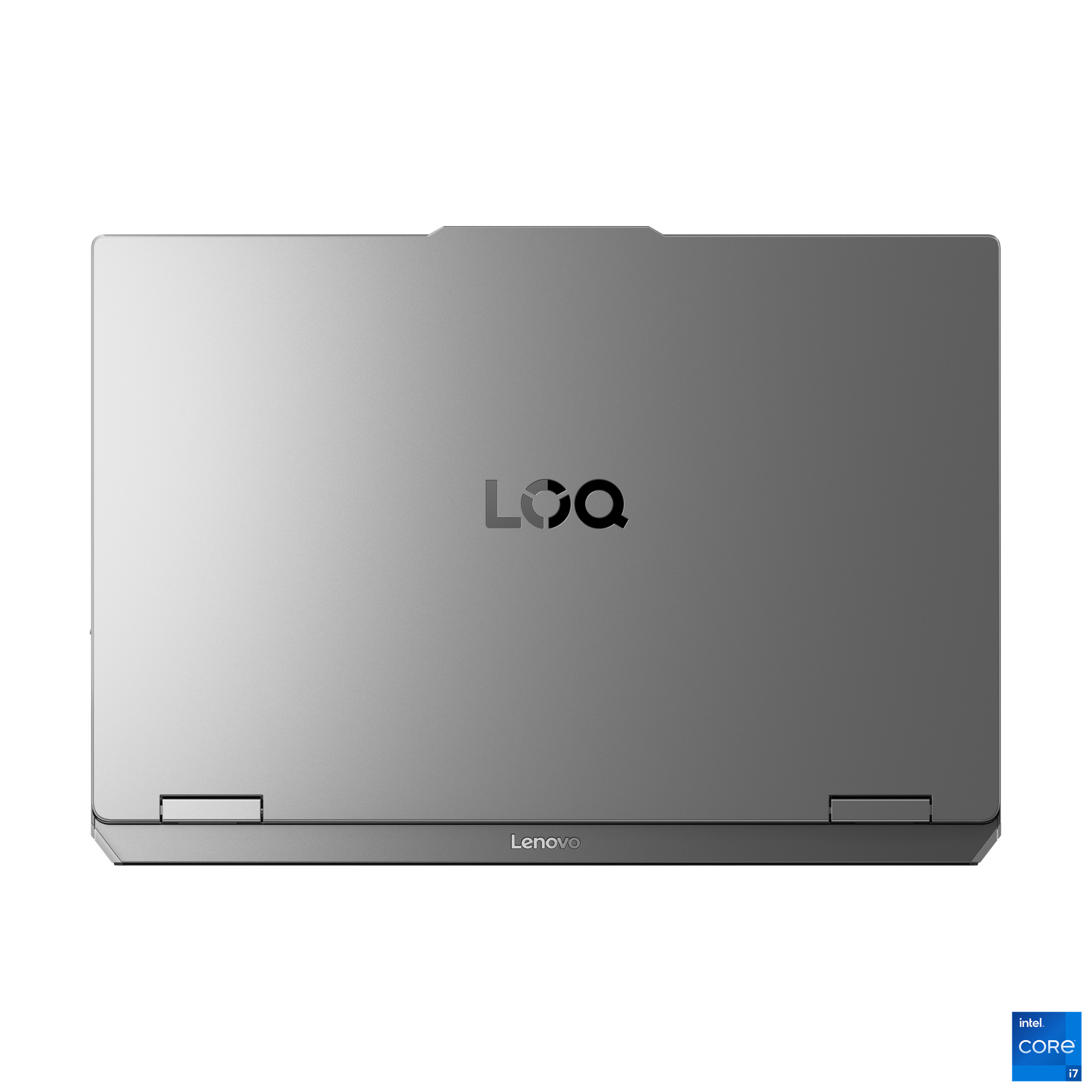 Silberner Lenovo-Laptop, geschlossen. Hat das LOQ-Logo, die Marke Lenovo und den Intel Core i7-Aufkleber.