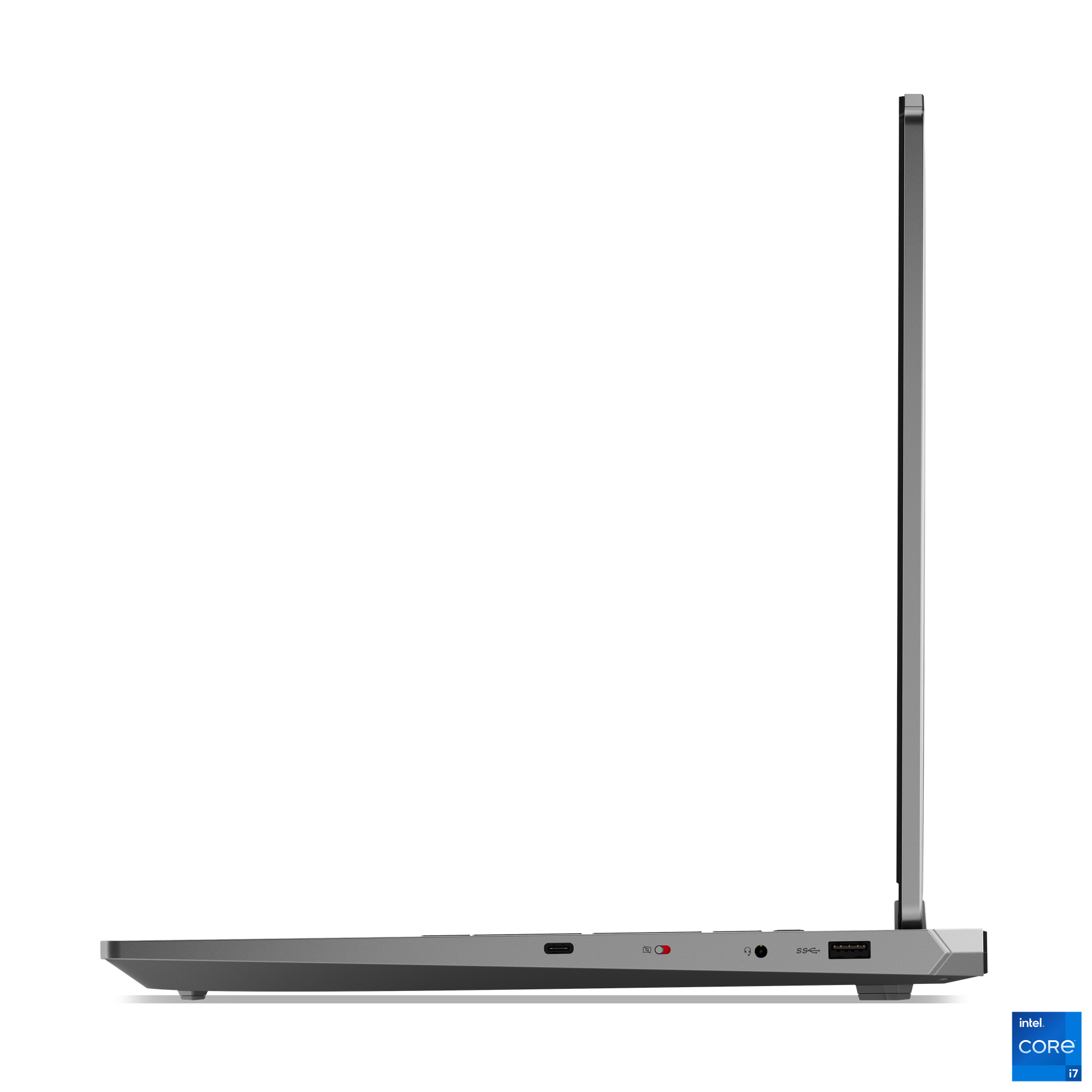 Seitenansicht eines grauen Laptops. Der Bildschirm ist geöffnet. Intel Core i7-Aufkleber ist sichtbar.