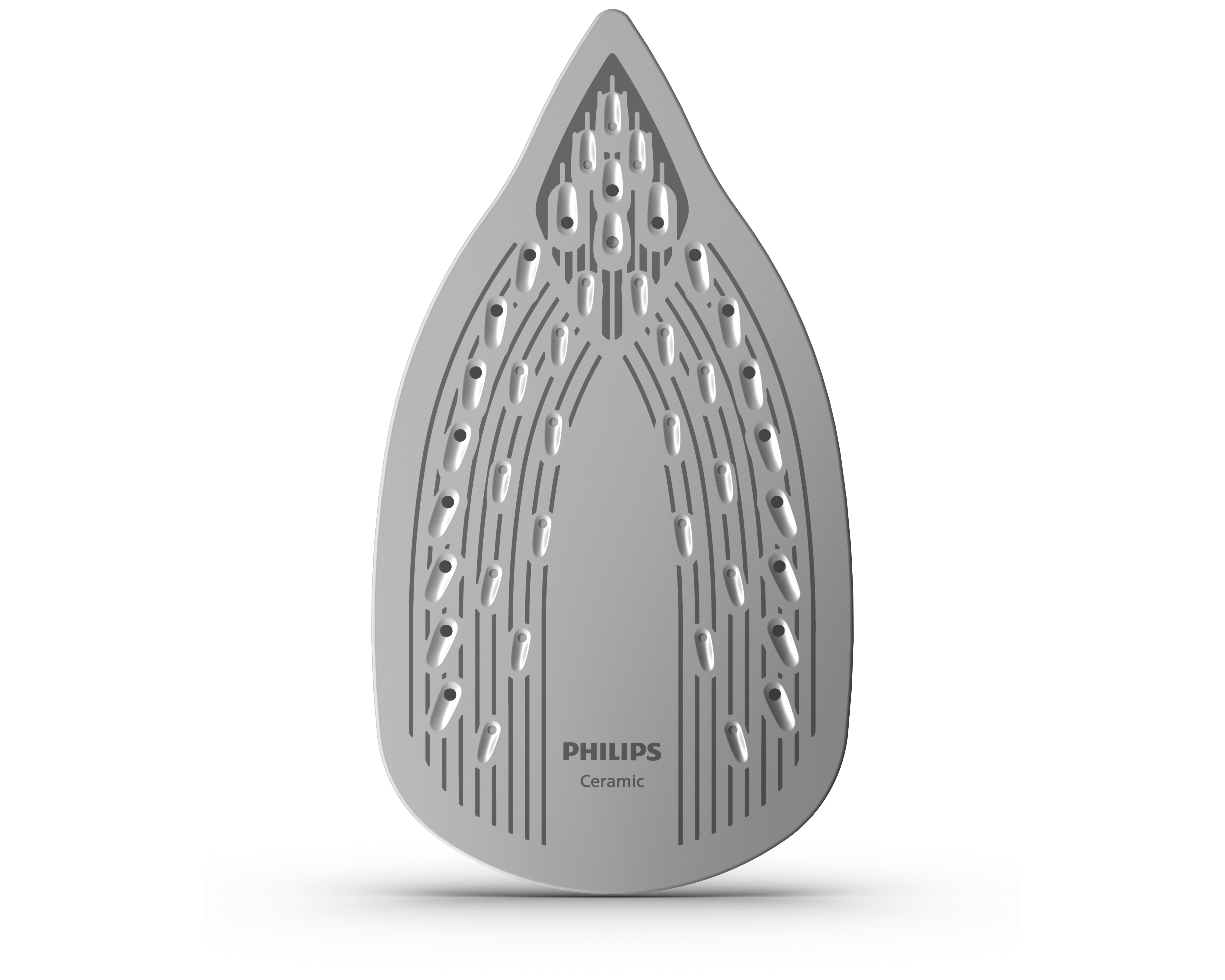 Jasnoszara stopa żelazka Philips z różnymi otworami i rowkami na czarnym tle. Widoczne słowo Ceramic.