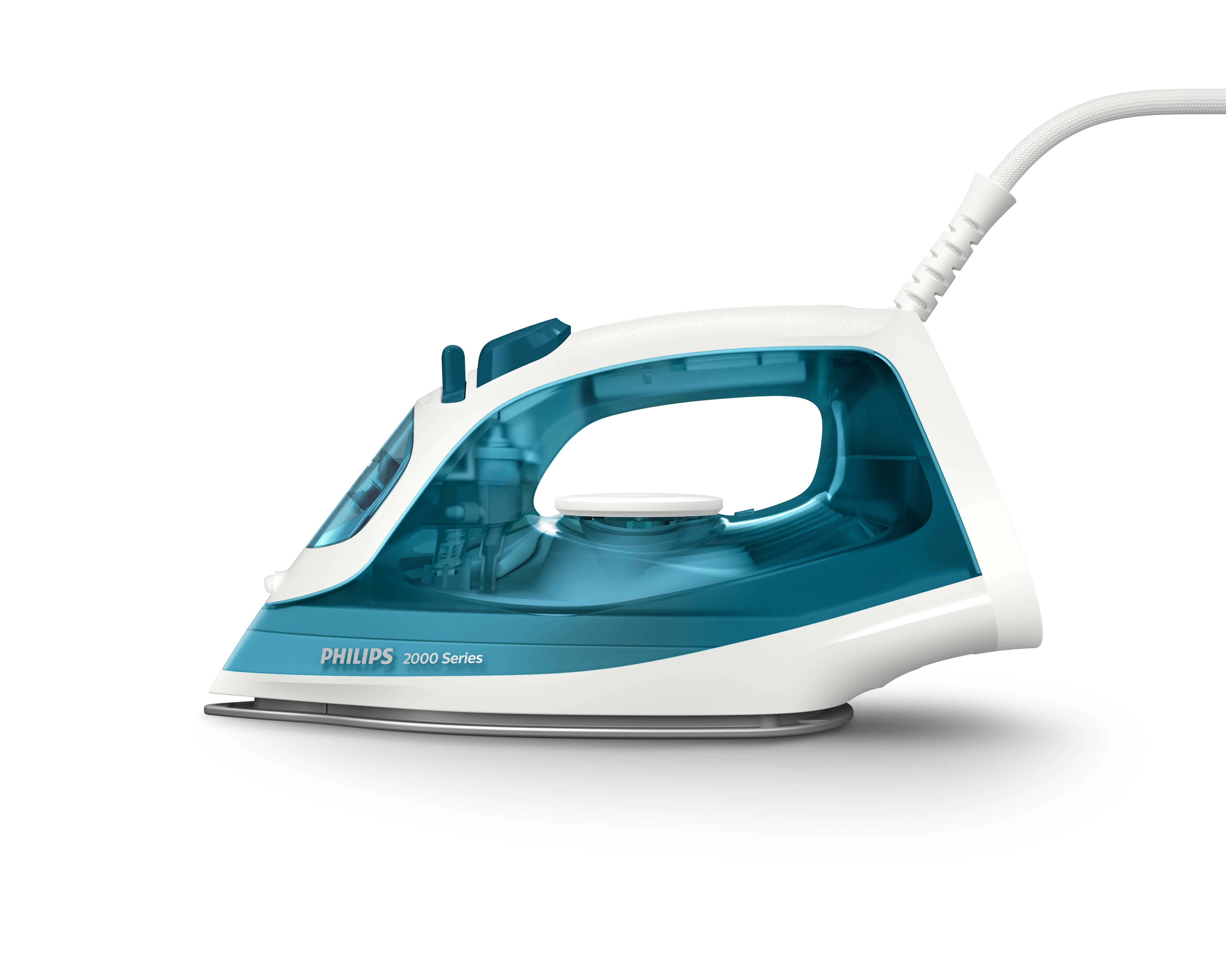 Biało-turkusowe żelazko Philips 2000 Series. Żelazko na białym tle.