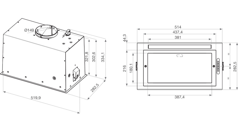 Rysunek techniczny prostokątnego metalowego pudełka. Wymiary są opisane. Na górze znajduje się okrągły otwór. Inny widok przedstawia prostokątny otwór.