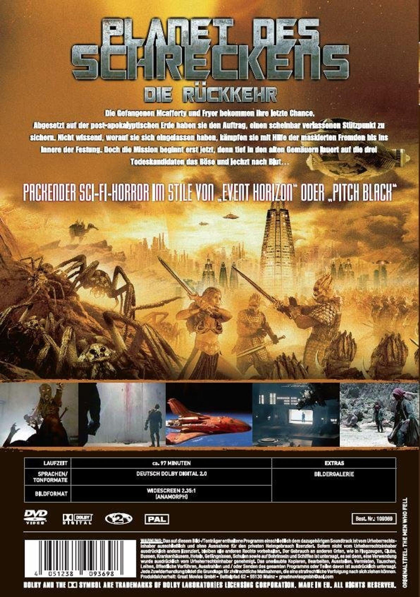 Filmcover mit Sci-Fi-Thema. Zeigt ein großes insektenartiges Wesen und Krieger mit Schwertern vor einer futuristischen Stadt.