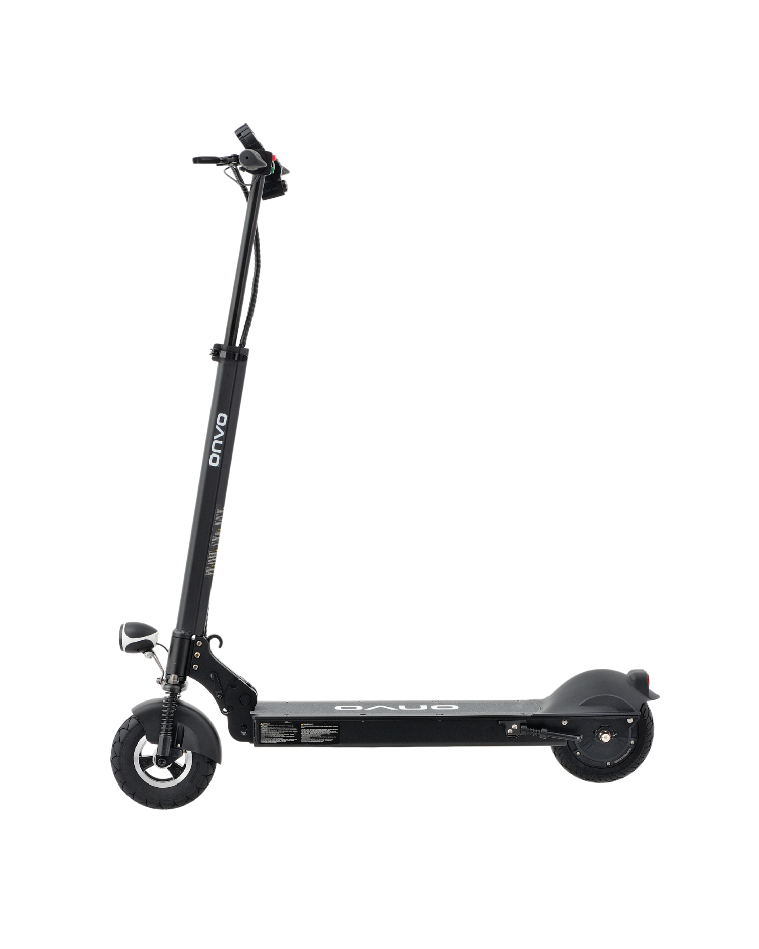 Markası 'onvo' olan siyah bir elektrikli scooter sergileniyor. Scooter siyah bir arka plan üzerinde.