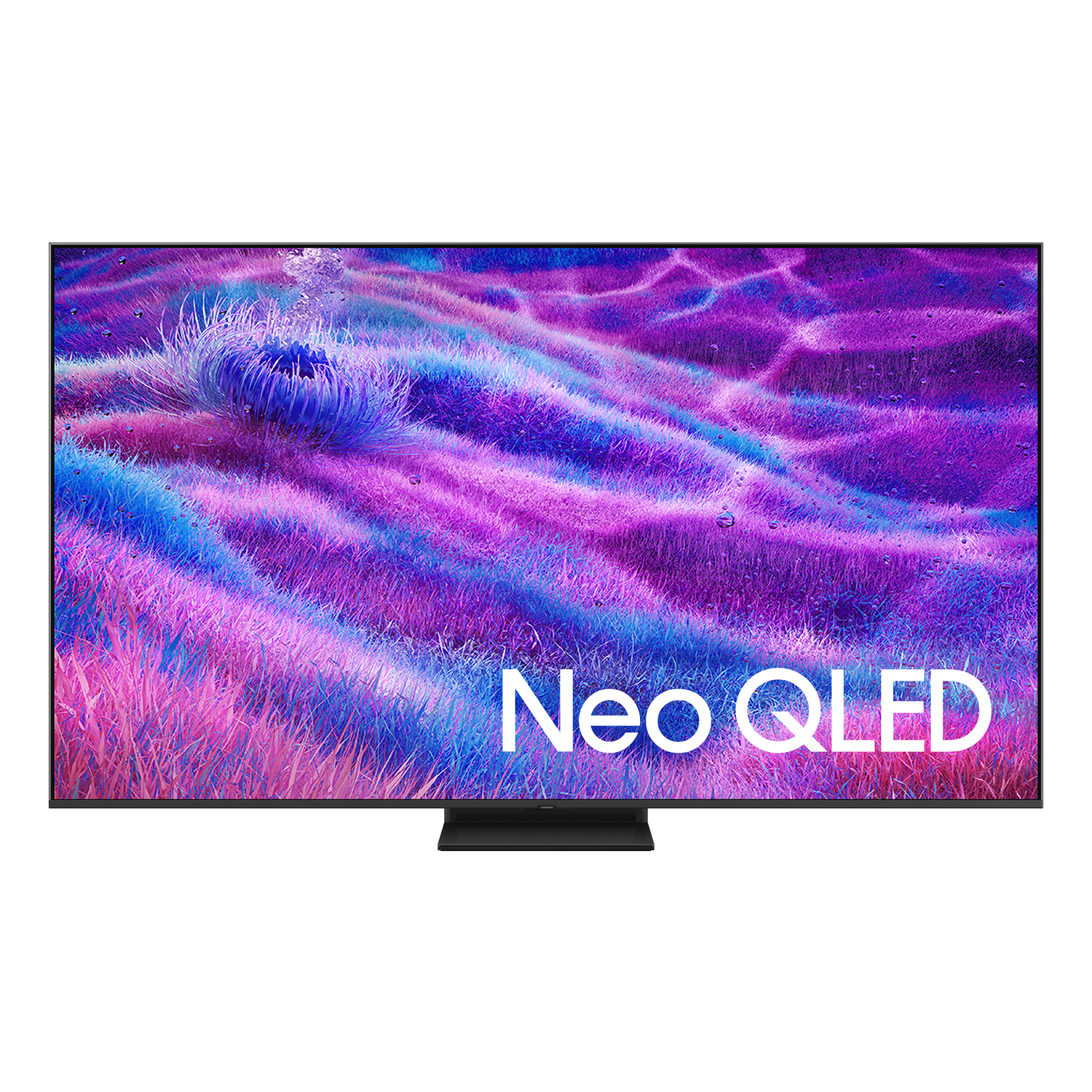 Een grote Neo QLED tv toont een kleurrijke abstracte afbeelding van paars, blauw en roze. De tv staat op een zwarte standaard.