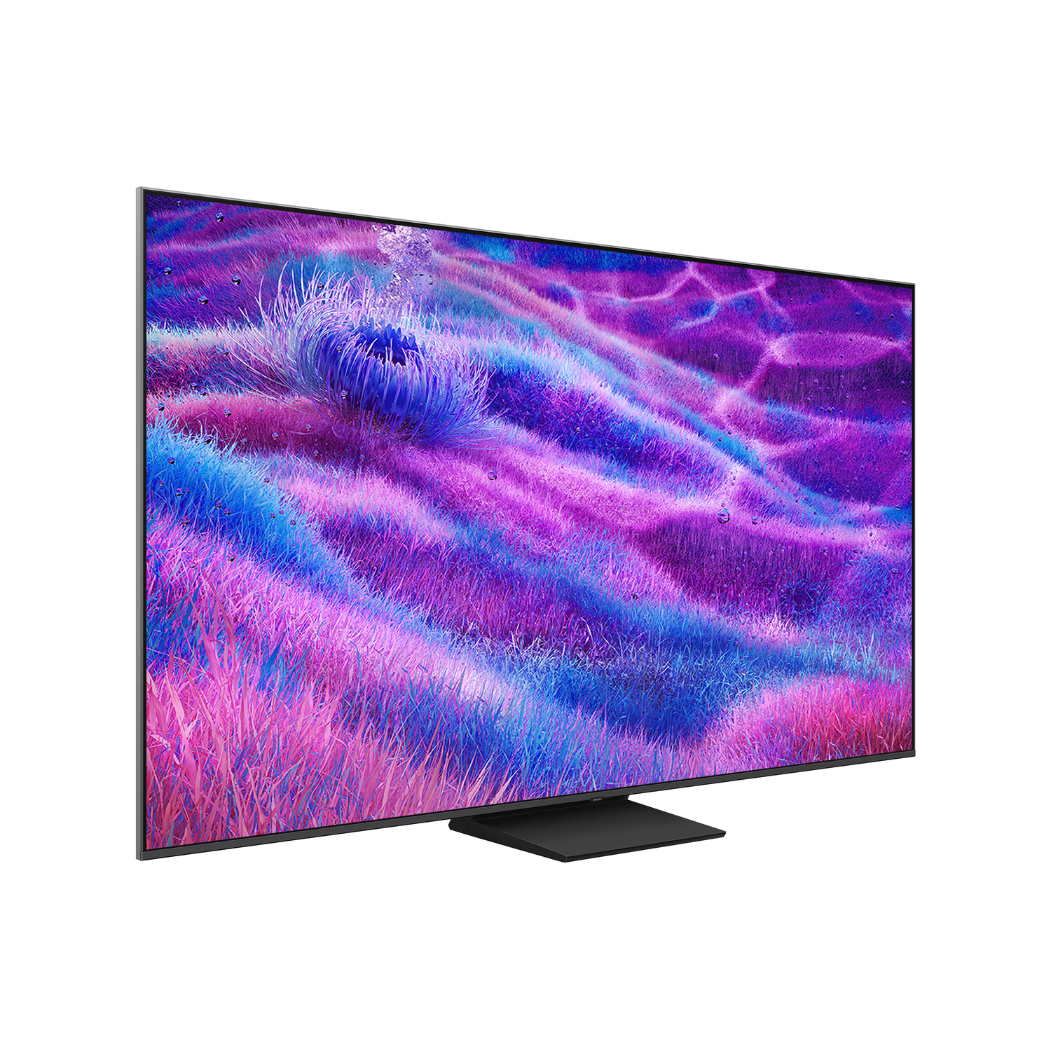 A large, black TV displays a colorful, abstract image. The screen shows purple, blue, and pink patterns. It sits on a black stand.
