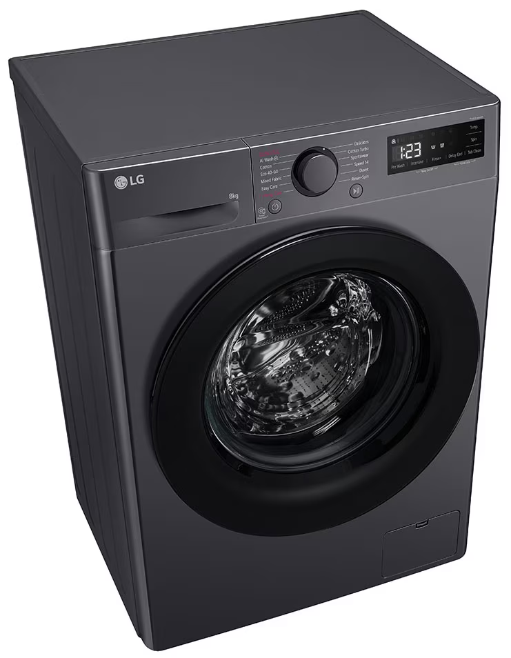Sötétszürke LG mosógép. Fekete ajtó, digitális kijelzős kezelőpanel és tárcsa. 8 kg kapacitás.
