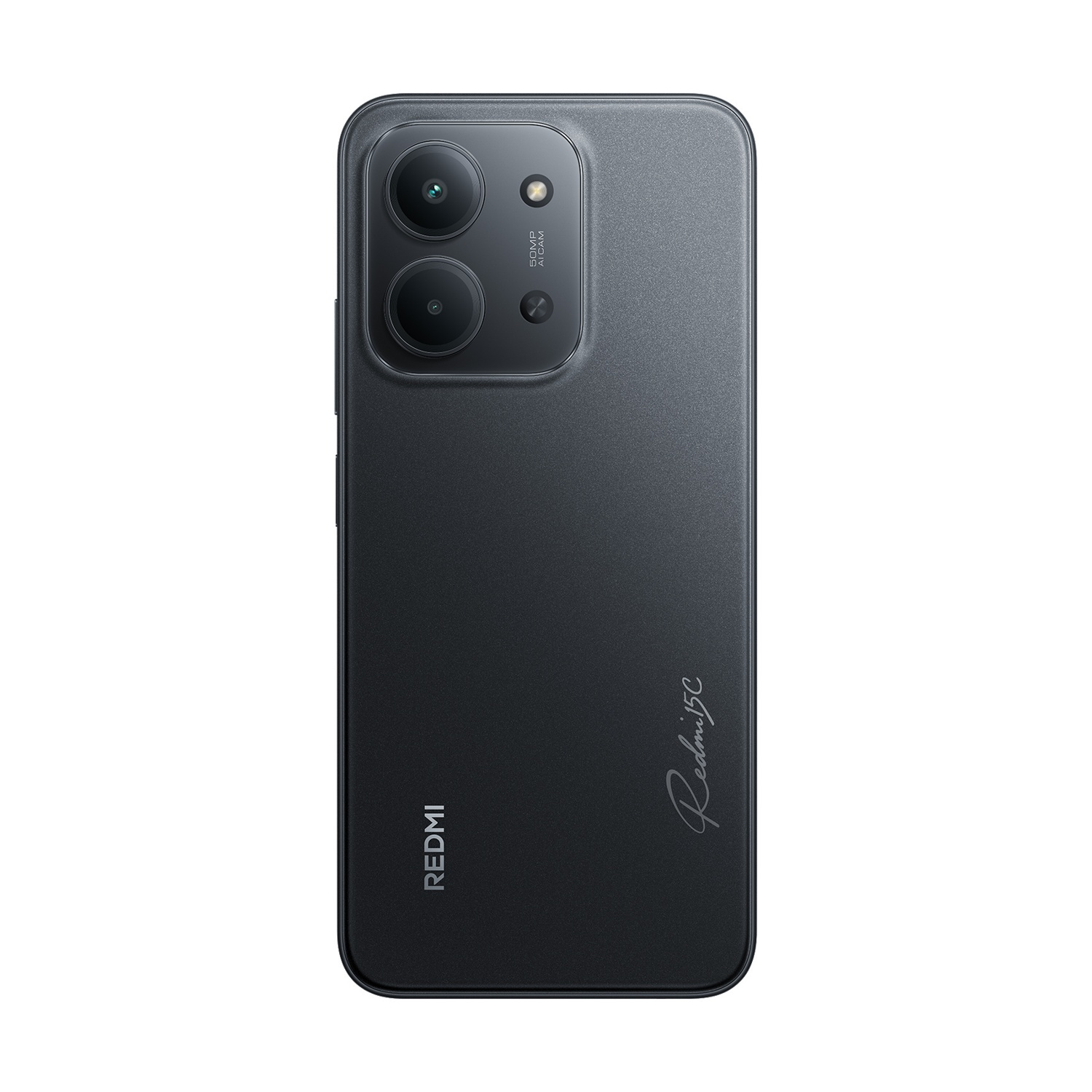 Uno smartphone Redmi 13C nero. Sono visibili due obiettivi della fotocamera e un flash. Il nome del marchio è scritto sul retro.