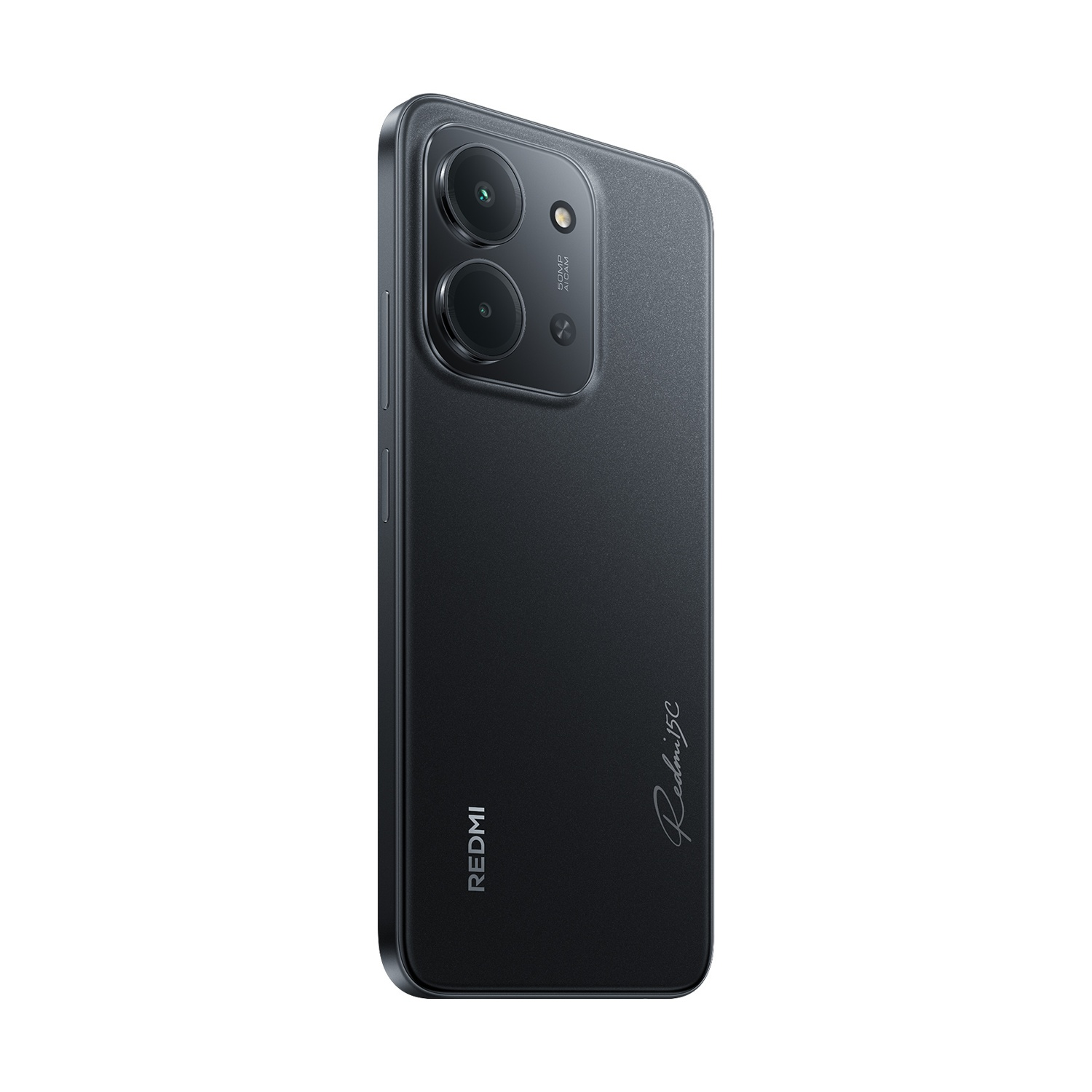 Un telefono Redmi 13C grigio scuro, con configurazione a doppia fotocamera e il logo Redmi 13C.