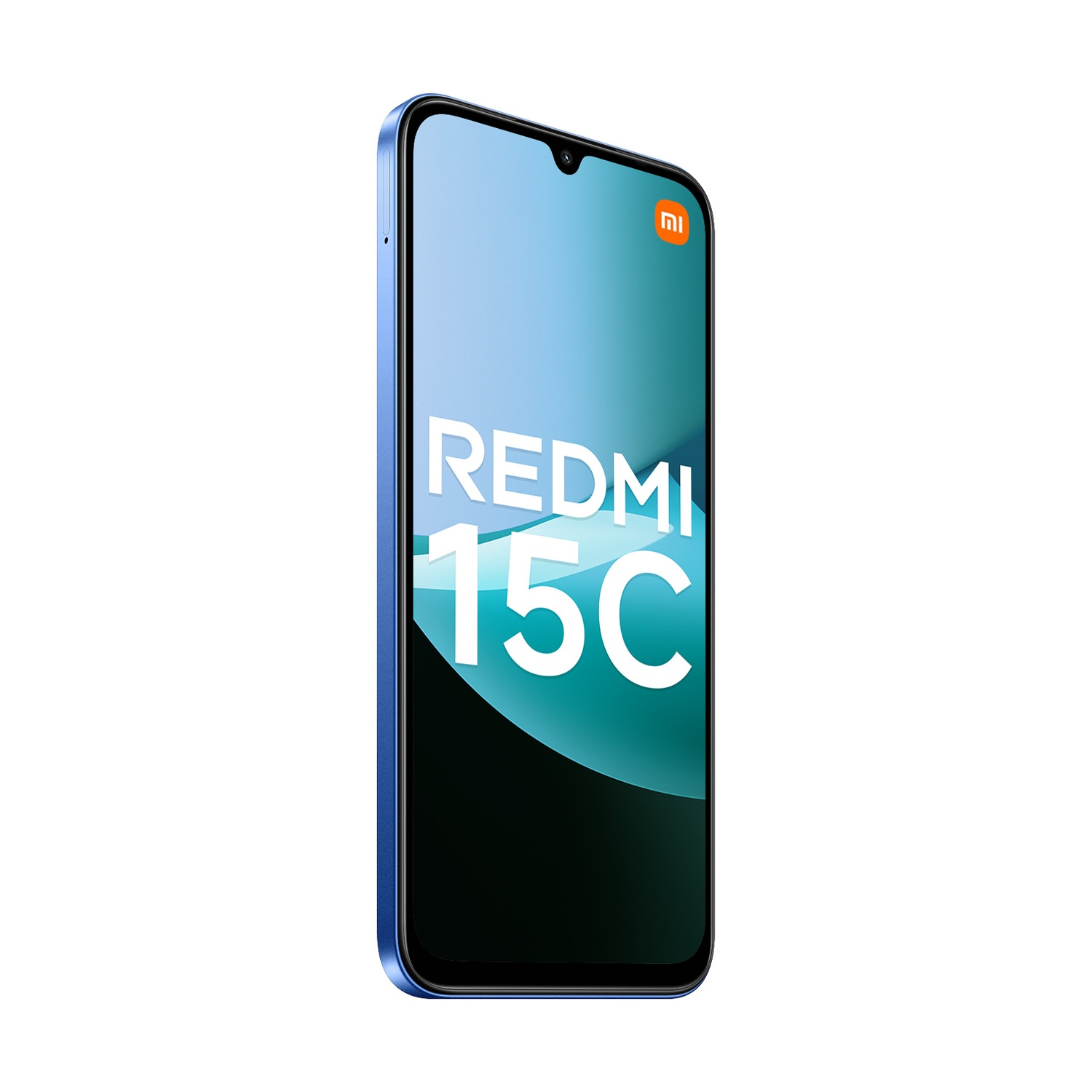 Uno smartphone Redmi 15C blu. Lo schermo mostra il logo Redmi 15C e uno sfondo sfumato blu. Il logo Xiaomi è visibile.