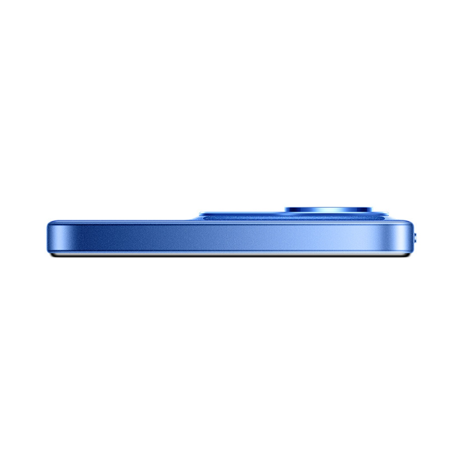 Vista laterale di un dispositivo elettronico blu. Ha una funzione circolare sulla parte superiore e un corpo rettangolare. Lo sfondo è bianco.