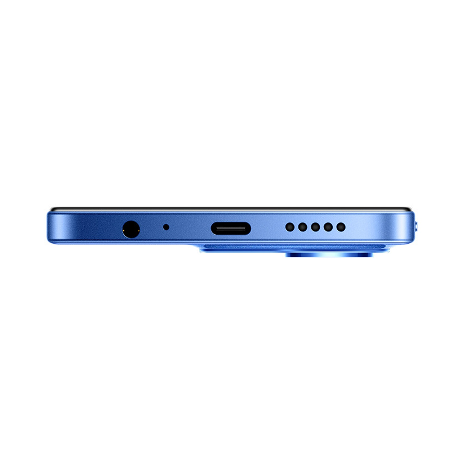 Viene mostrato il bordo inferiore di uno smartphone blu. Ha un jack per cuffie, una porta USB-C, fori per altoparlanti e un modulo fotocamera rotondo.