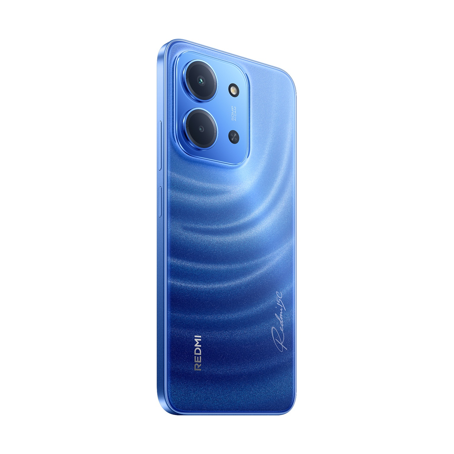 Smartphone blu con due fotocamere, logo Redmi e firma Realme 5G. Il telefono ha un retro strutturato.