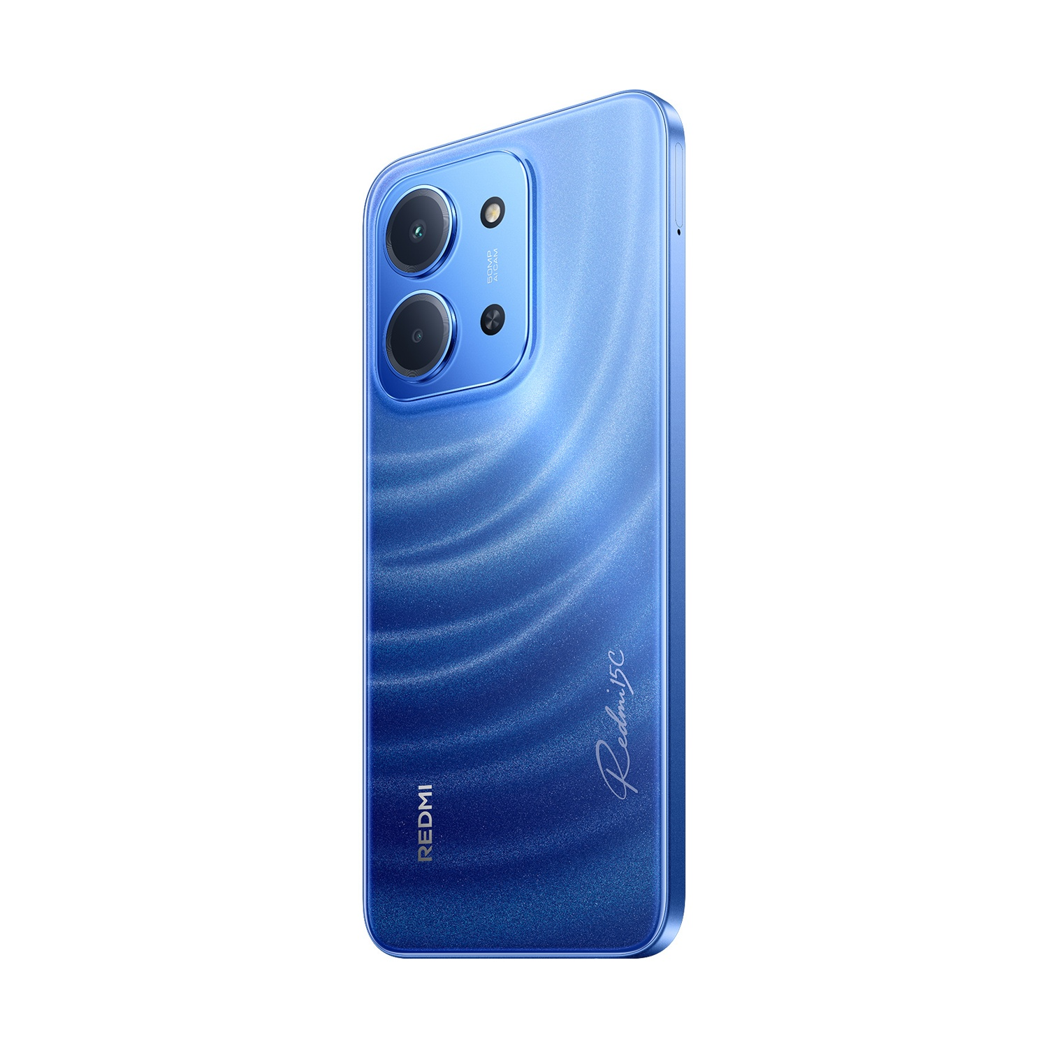 Un telefono Redmi 15C blu. Ha due obiettivi della fotocamera, un logo Redmi e la firma Redmi 15C. Il telefono è su sfondo bianco.