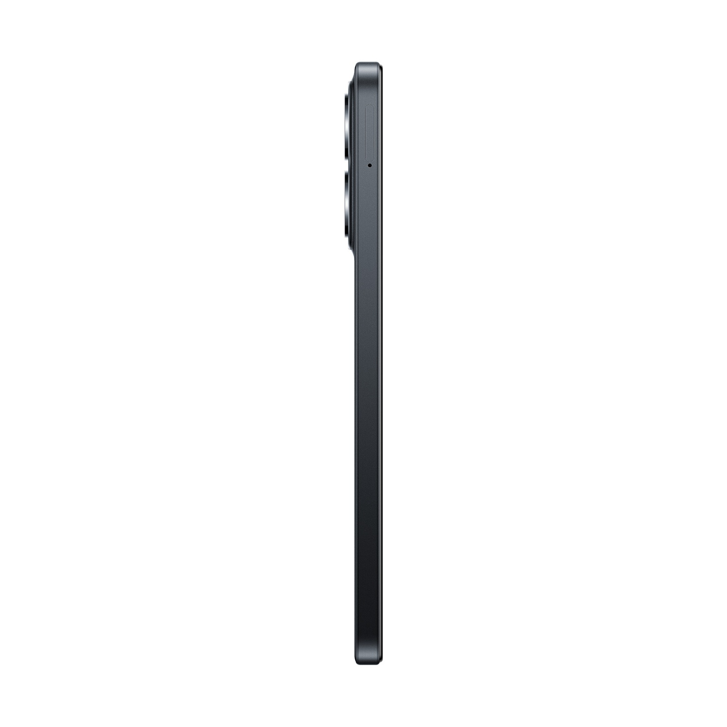 Vista laterale di uno smartphone grigio scuro, che mostra il modulo fotocamera e i pulsanti laterali. Si erge verticalmente su sfondo bianco.
