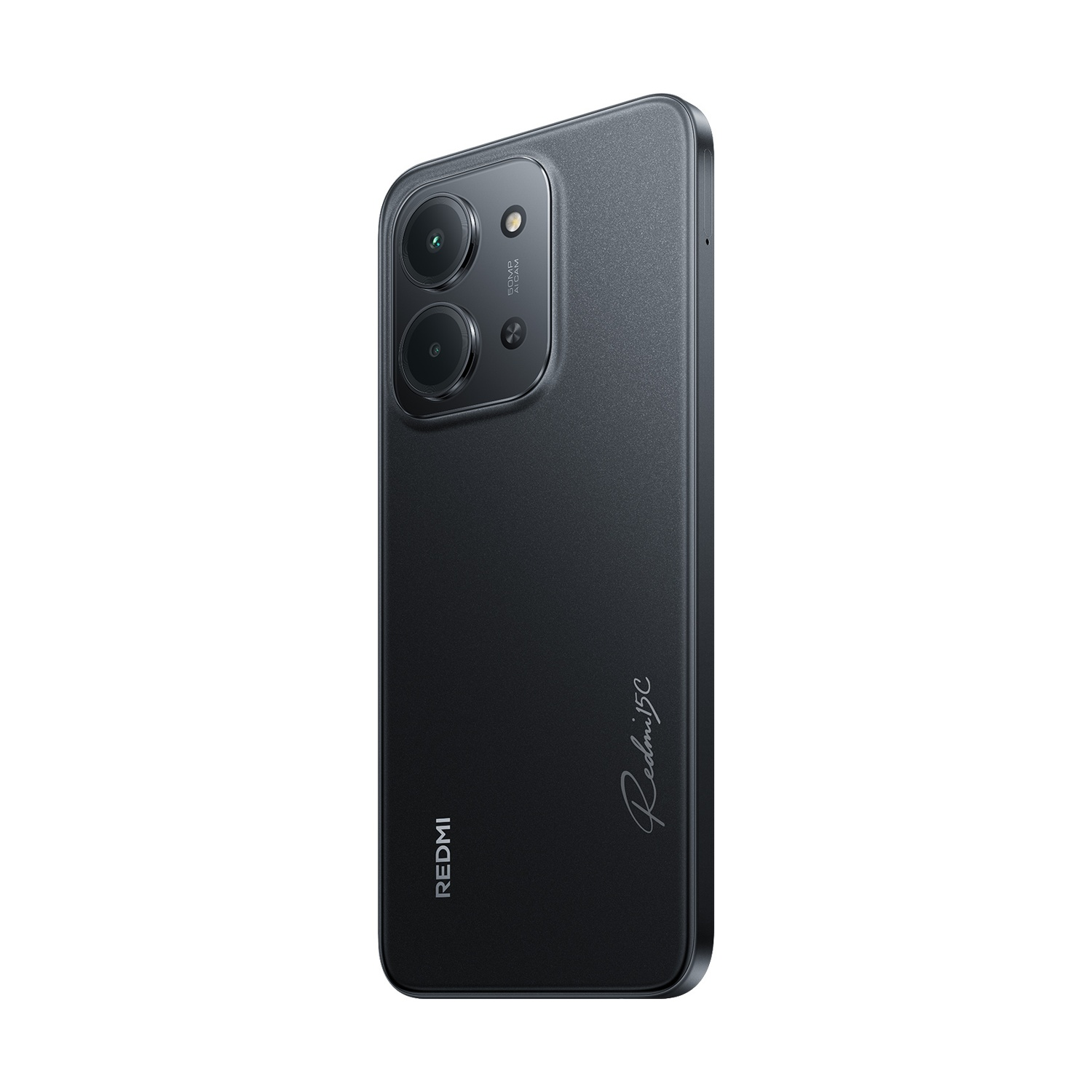Uno smartphone Redmi 5C nero. Ha due obiettivi e un flash. Il marchio Redmi è visibile.