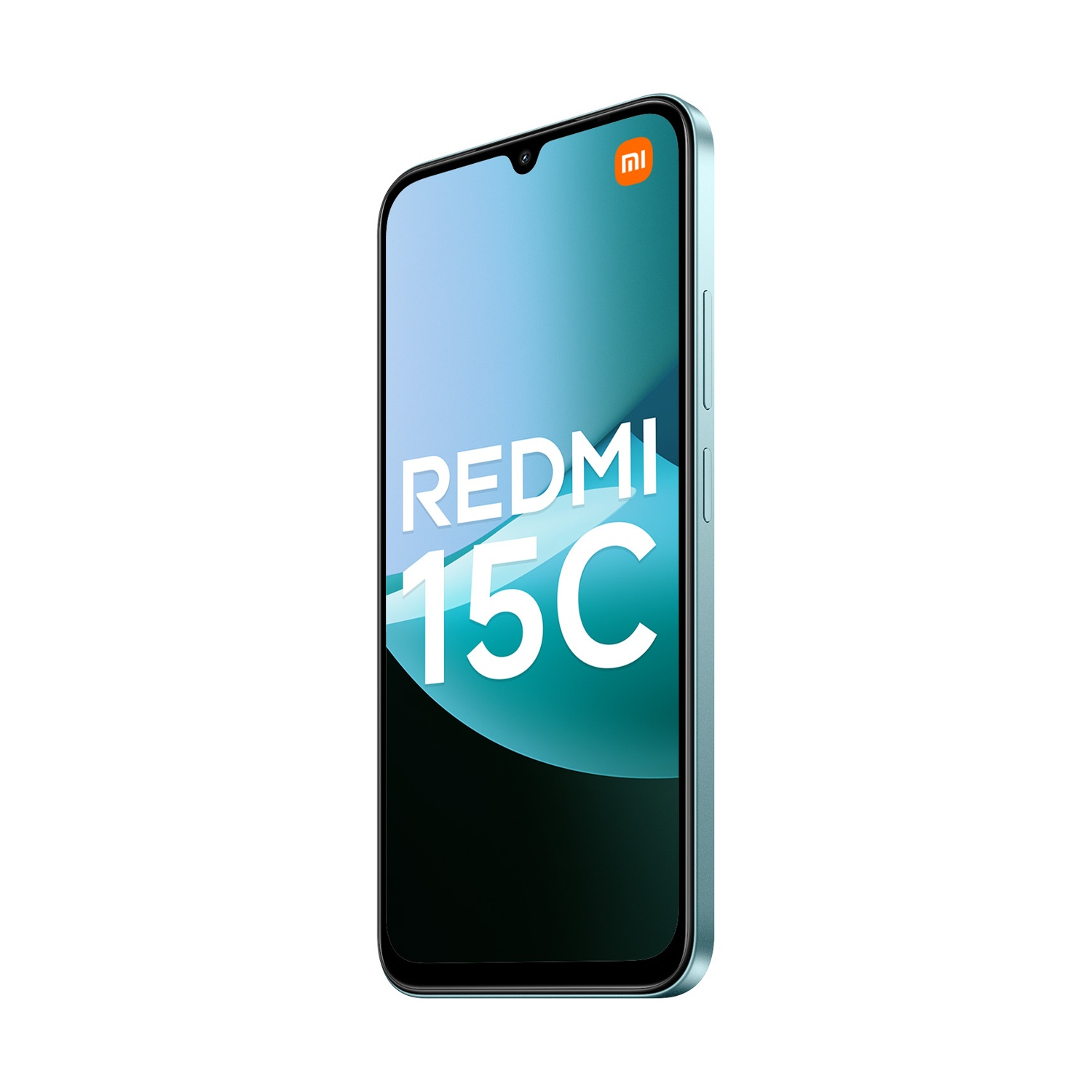 È visualizzato uno smartphone Redmi 15C verde acqua. Lo schermo mostra il nome del modello. È visibile un logo Mi arancione.