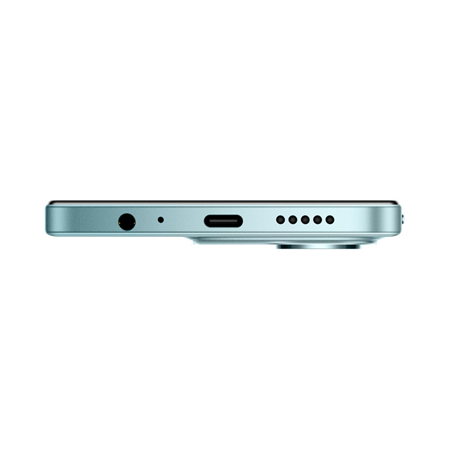 Vista laterale di uno smartphone azzurro. Presenta jack per cuffie, microfono, porta USB-C e fori per altoparlanti.