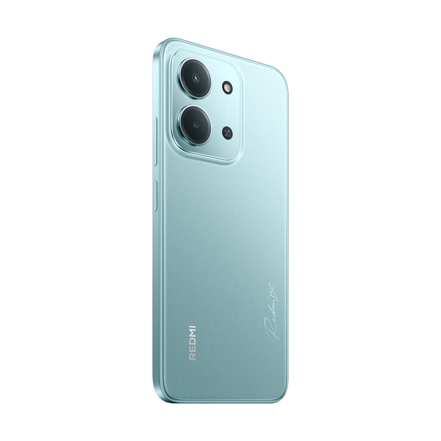 Smartphone verde acqua chiaro, modello Redmi 5G, vista angolata. Presenta doppia fotocamera, logo Redmi e firma. Sfondo bianco.
