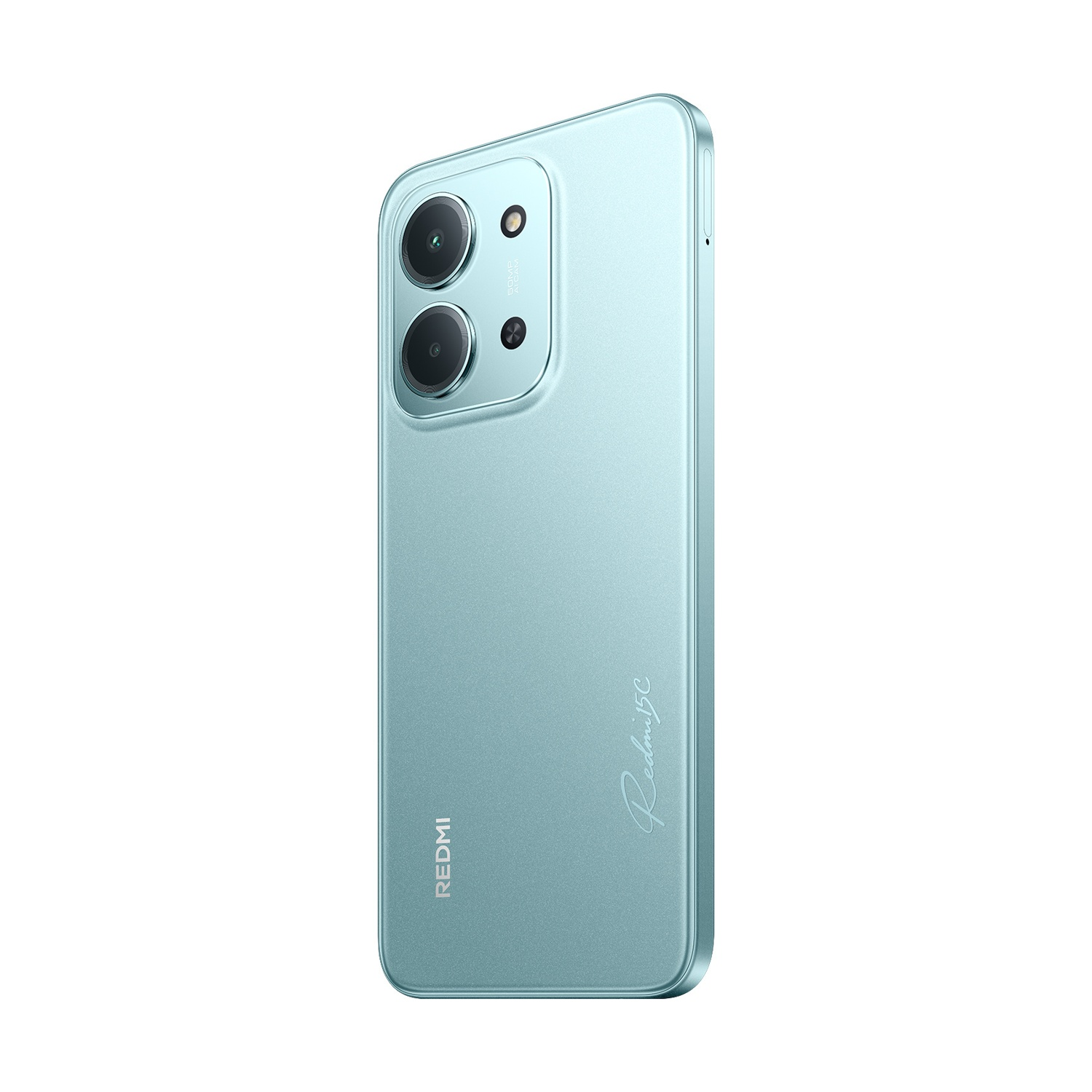 Viene mostrato uno smartphone Redmi 13C azzurro. Ha due fotocamere posteriori e un logo Redmi. Il telefono è su sfondo bianco.