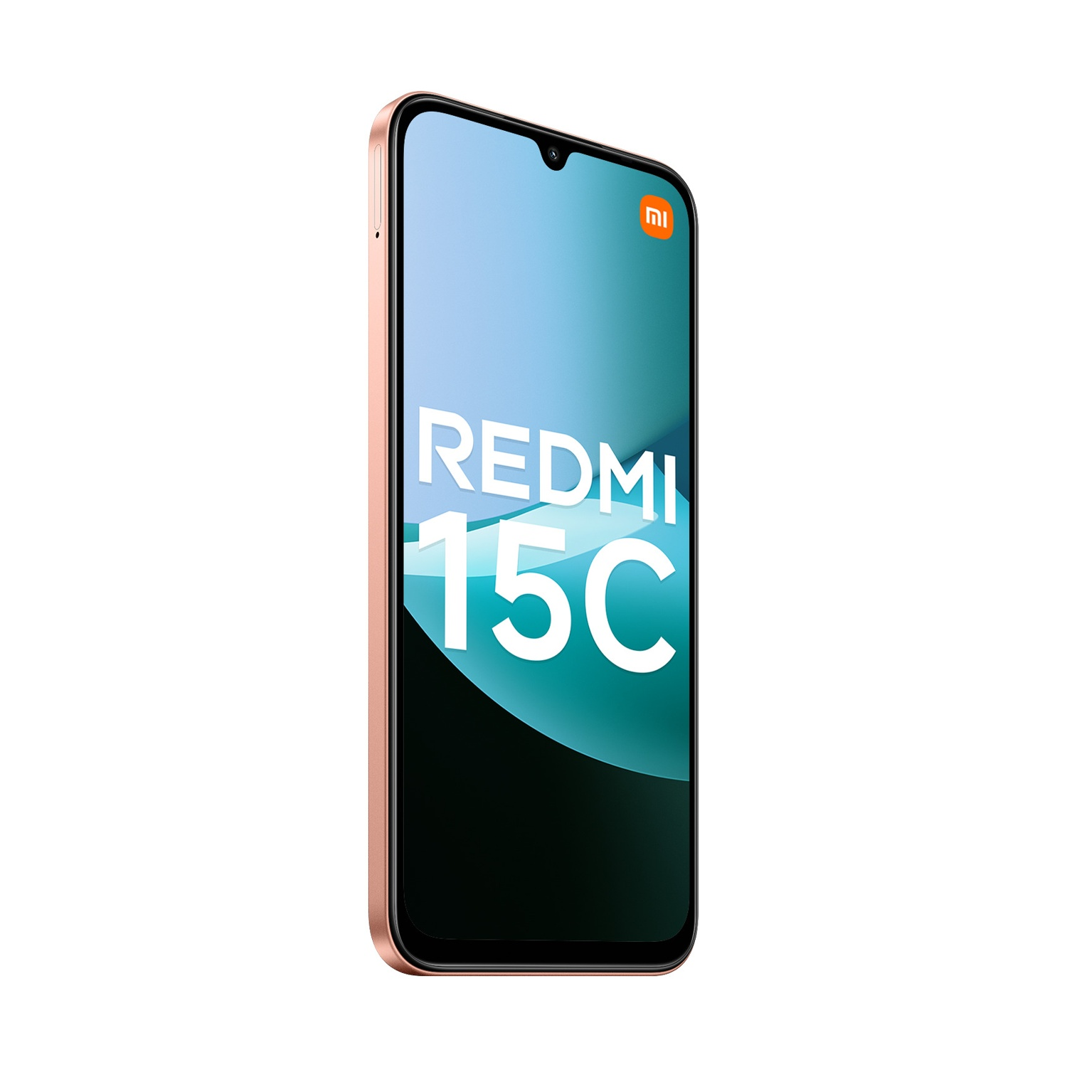 Un telefono Redmi 15C color oro rosa è mostrato in diagonale, lo schermo mostra il logo Redmi 15C. Il logo Xiaomi è visibile.