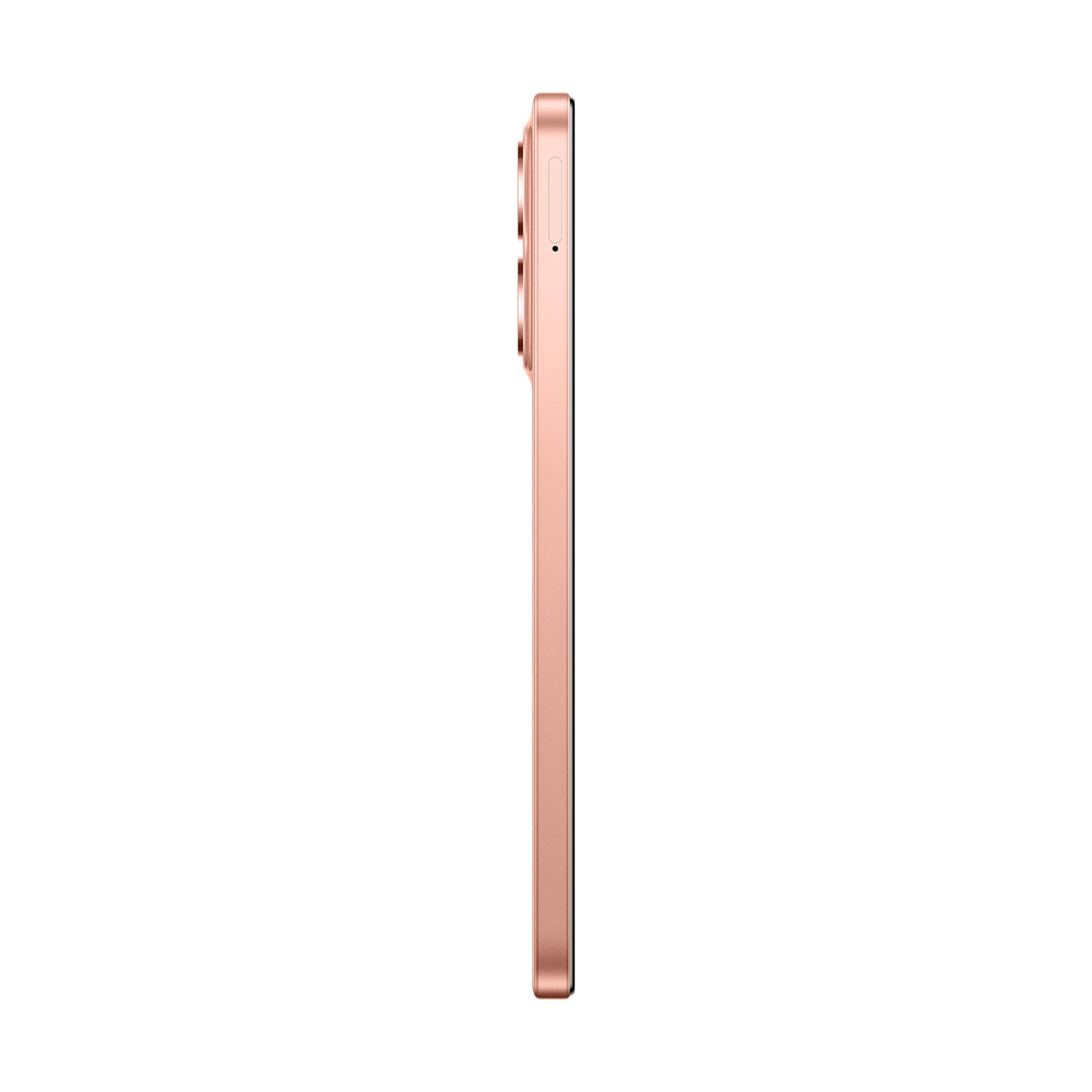 Vista laterale di uno smartphone oro rosa. Il telefono è verticale con un rigonfiamento della fotocamera e pulsante.