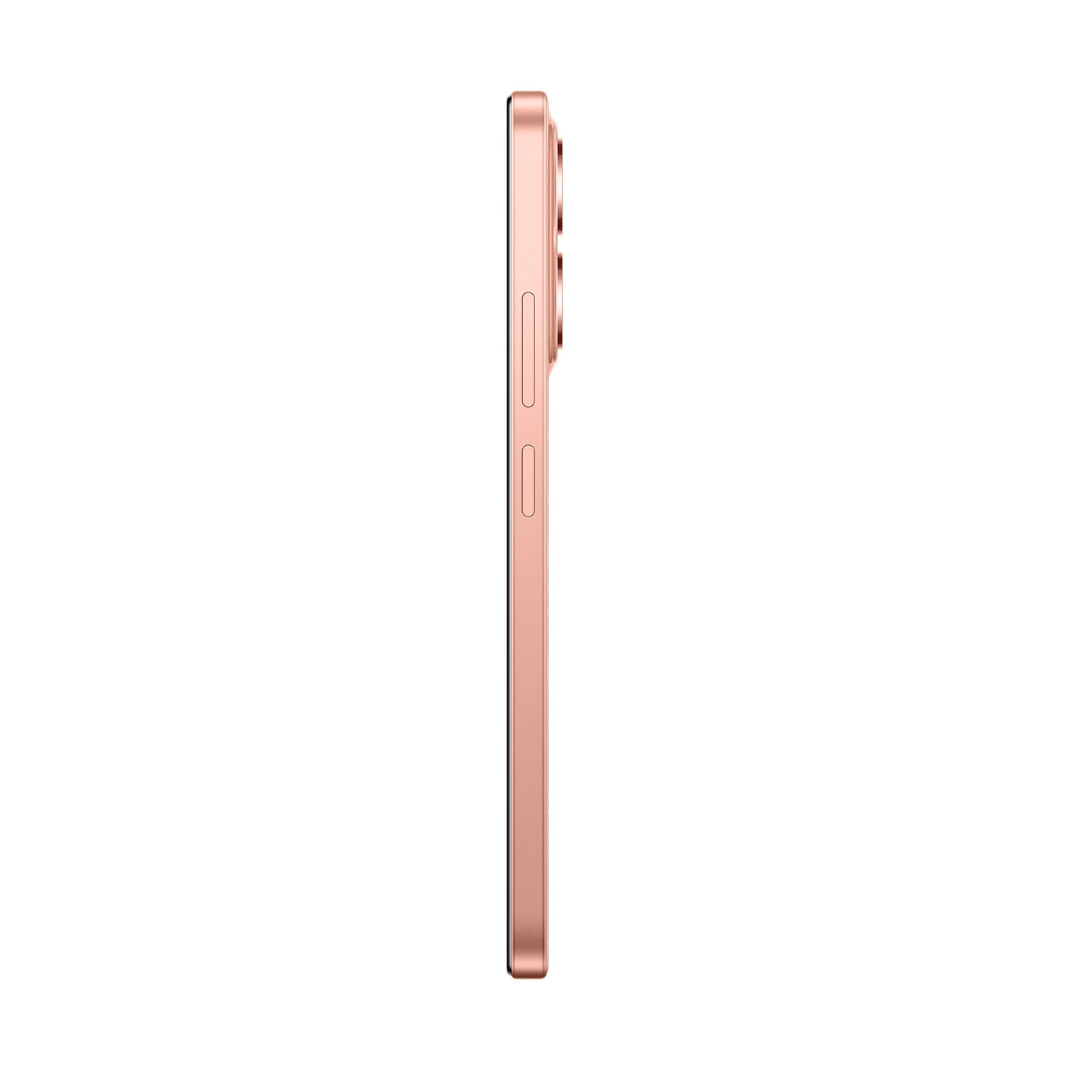 Vista laterale di uno smartphone oro rosa. Ha i pulsanti del volume e di accensione sul lato. Lo sfondo è bianco.