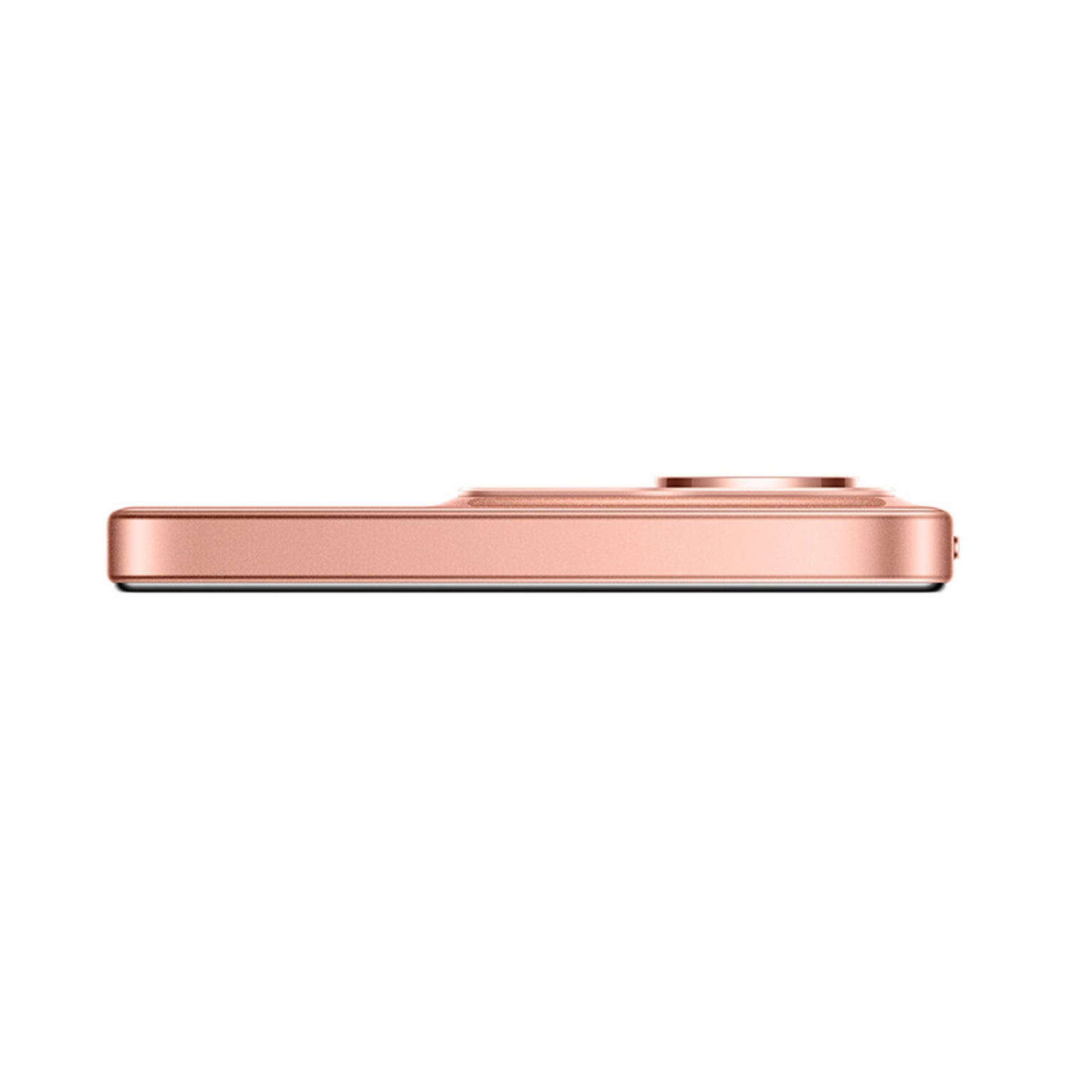 Vista laterale di un dispositivo elettronico color oro rosa. Un corpo piccolo e rettangolare con un elemento circolare in cima. Sfondo bianco.