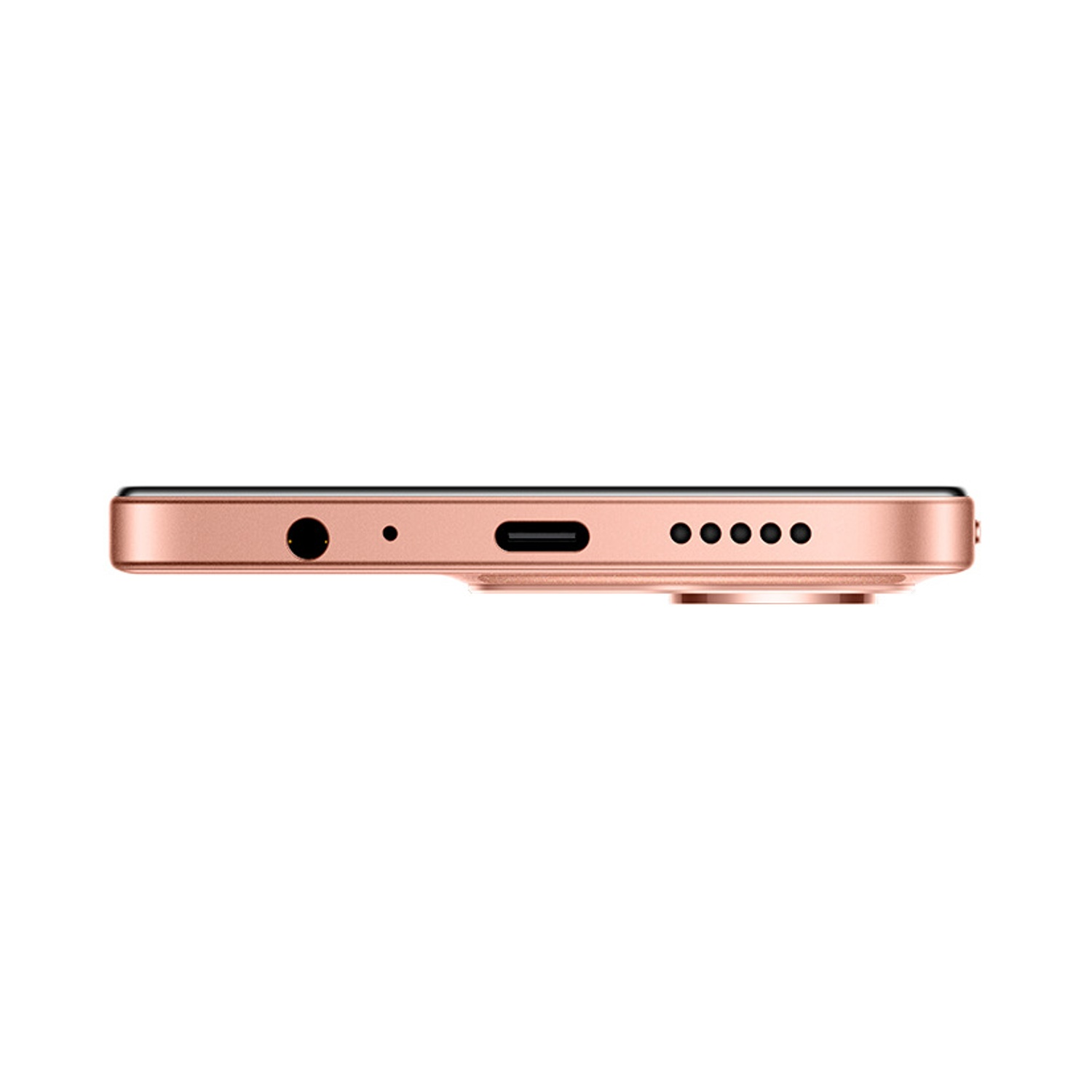Vista inferiore di smartphone oro rosa. Include jack cuffie, porta di ricarica e fori altoparlanti su sfondo bianco.