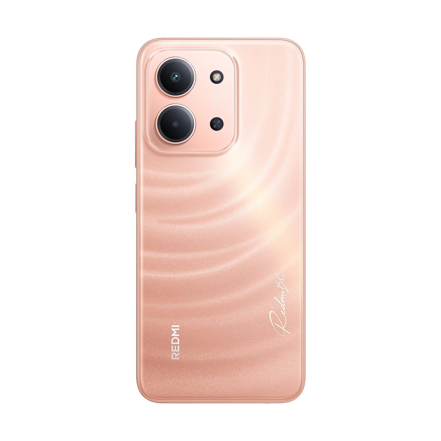 Retro di un telefono Redmi 13C color oro rosa. Ha due obiettivi e un flash. Il logo Redmi è visibile.