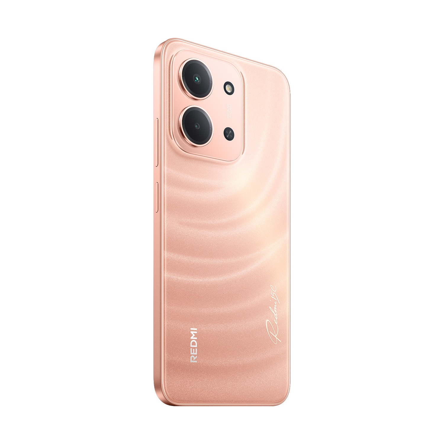 Uno smartphone color oro rosa con doppia fotocamera. Testo Redmi 13C sul retro. Logo Redmi in basso. Isolato su sfondo bianco.