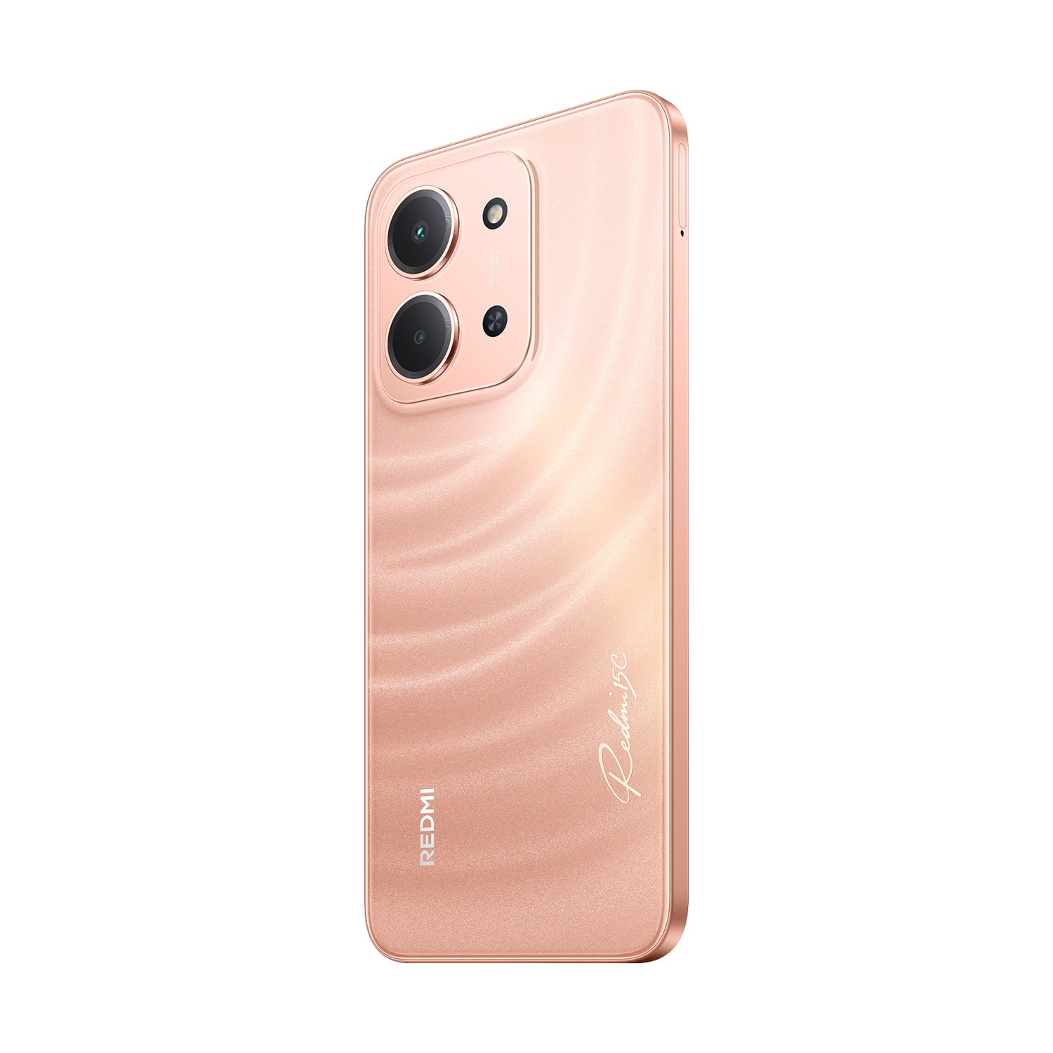 È esposto un telefono Redmi oro rosa, che mostra il retro con una configurazione a doppia fotocamera, il marchio e un design sfumato.