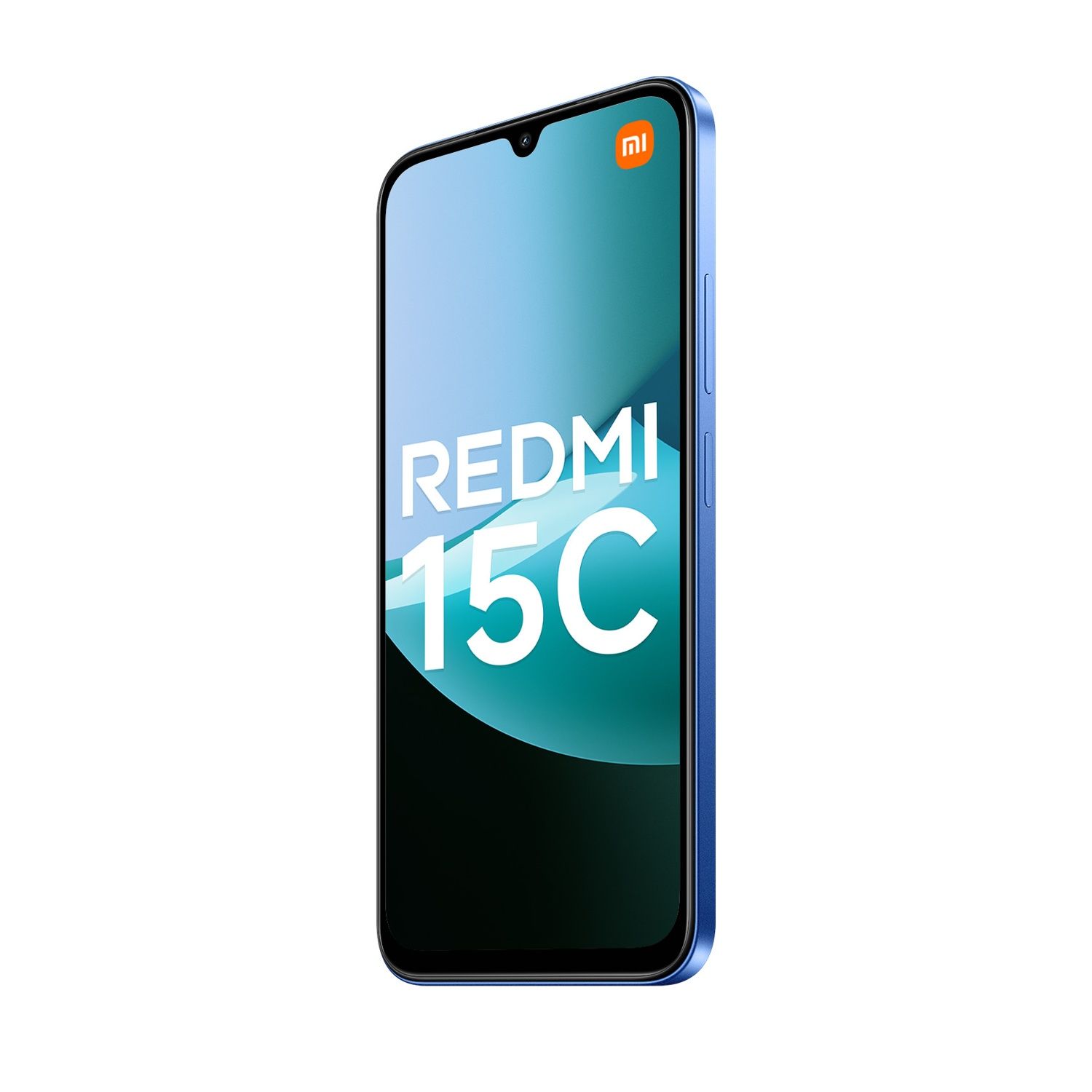 Uno smartphone Redmi 15C blu è visualizzato su sfondo bianco. Lo schermo mostra il logo e il testo Redmi. Il lato del telefono è visibile.