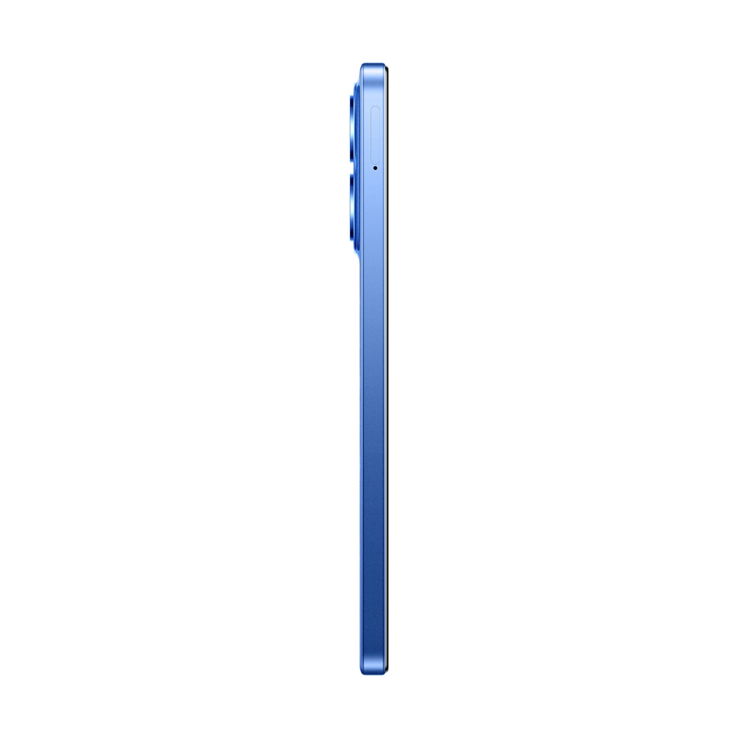 Uno smartphone blu, vista laterale, con lenti della fotocamera e pulsanti. Lo sfondo è bianco.
