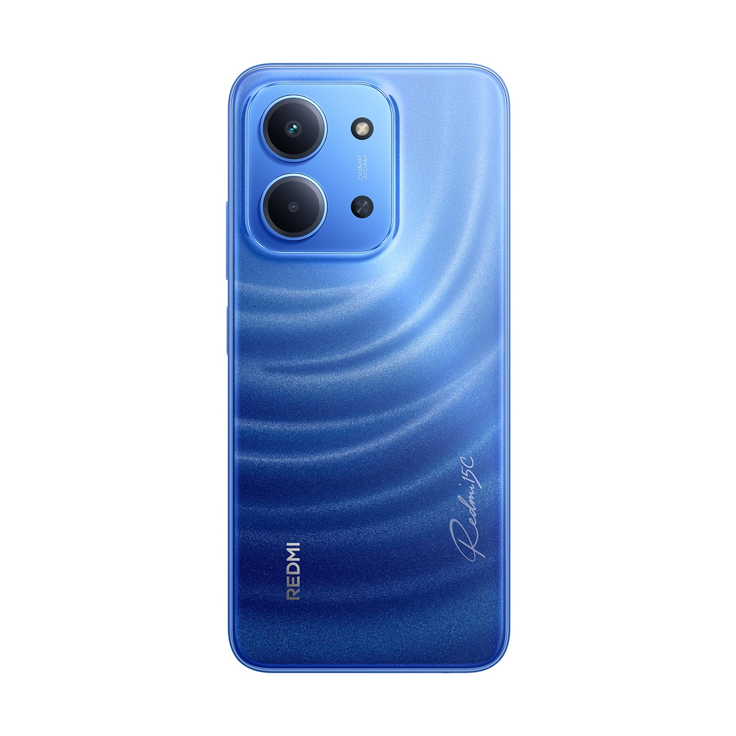 Smartphone Redmi 13C blu. Ha una configurazione a doppia fotocamera e il logo Redmi. Il retro ha un motivo a onde.