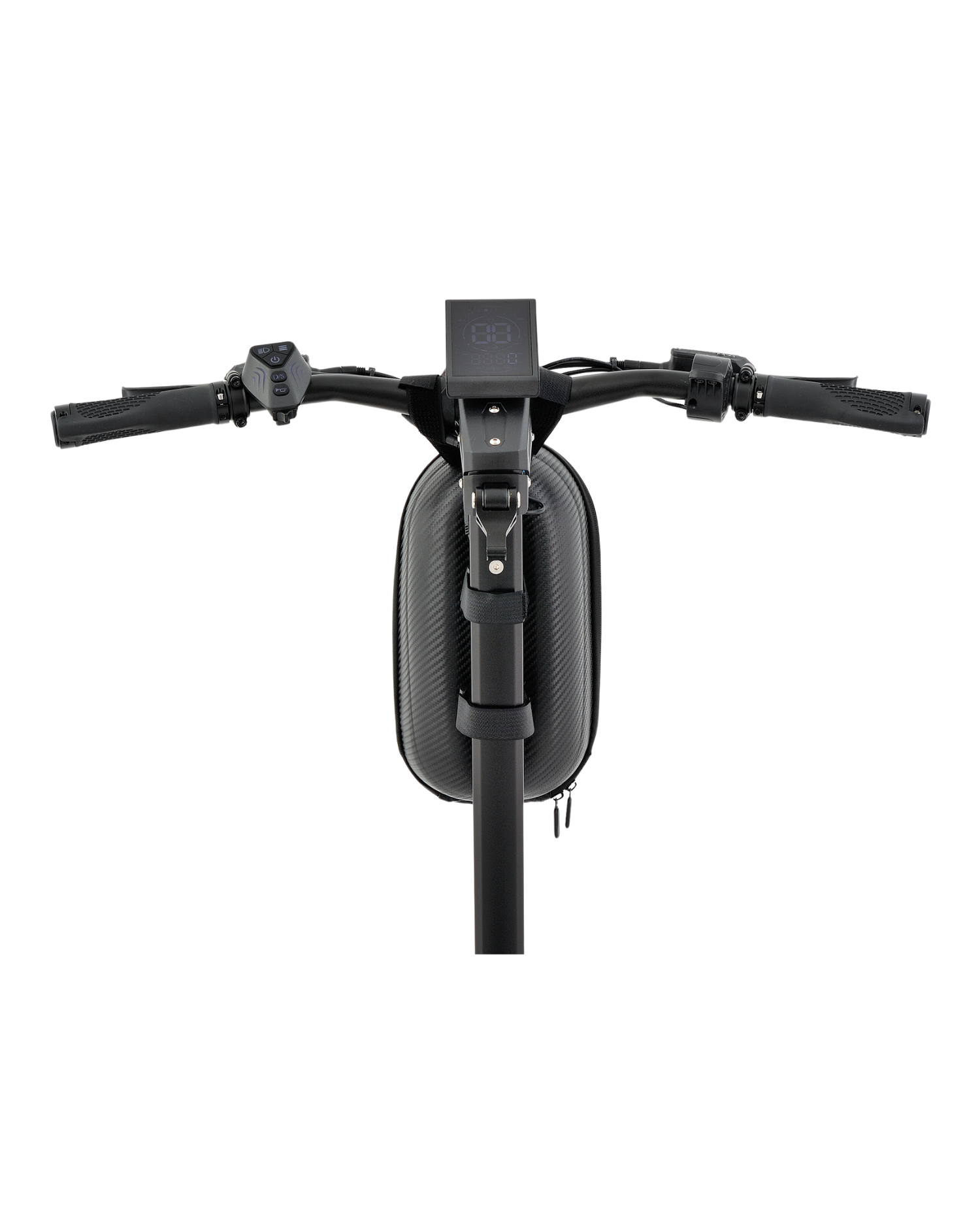 Elektrikli scooter'ın gidonunun yakın çekimi. Dijital bir ekranı, kontrol düğmeleri ve dokulu el tutacakları var. Siyah arka plan.