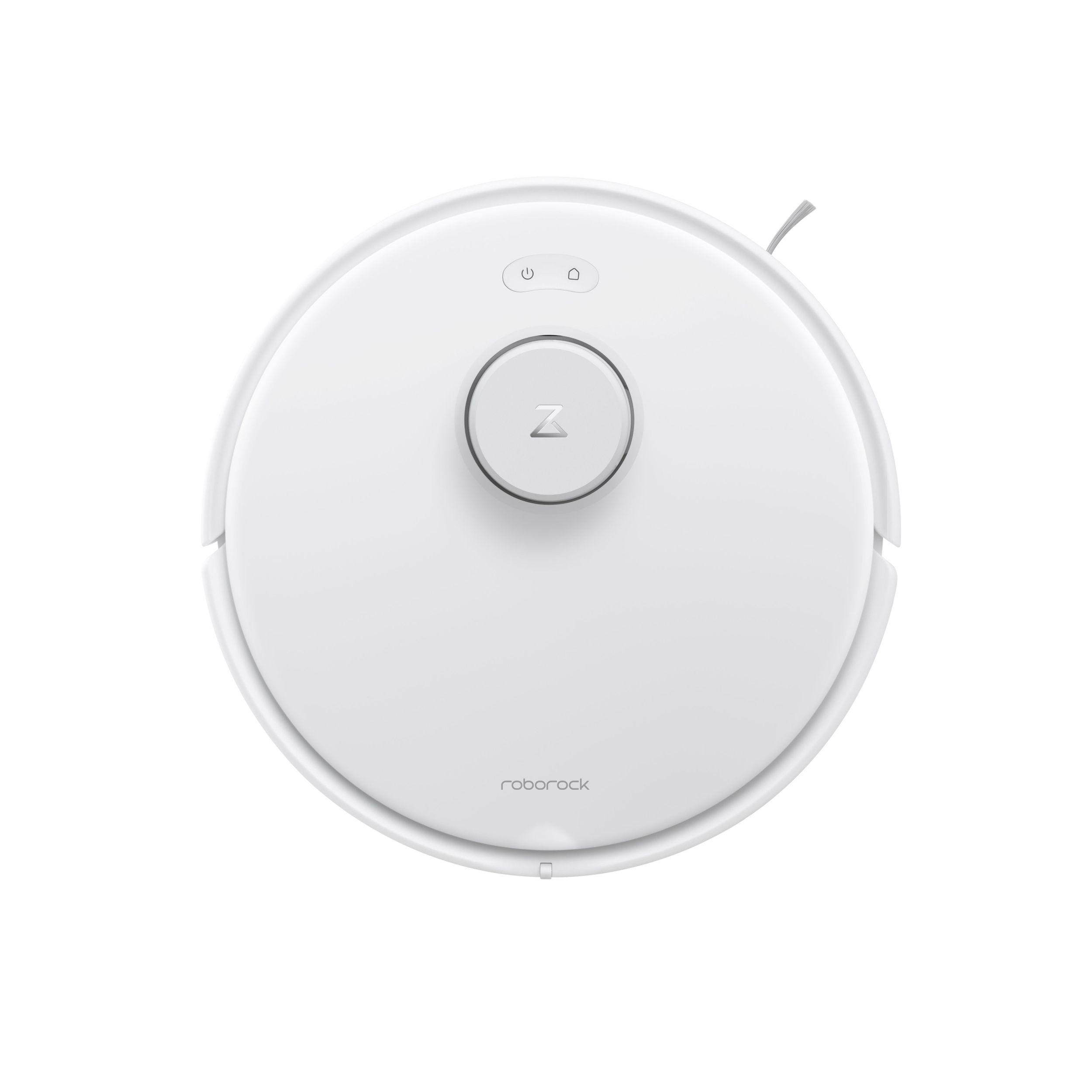 Ein weißer, kreisförmiger Roboter-Staubsauger. Er hat einen zentralen Knopf mit Z-Logo und Kontrollleuchten.