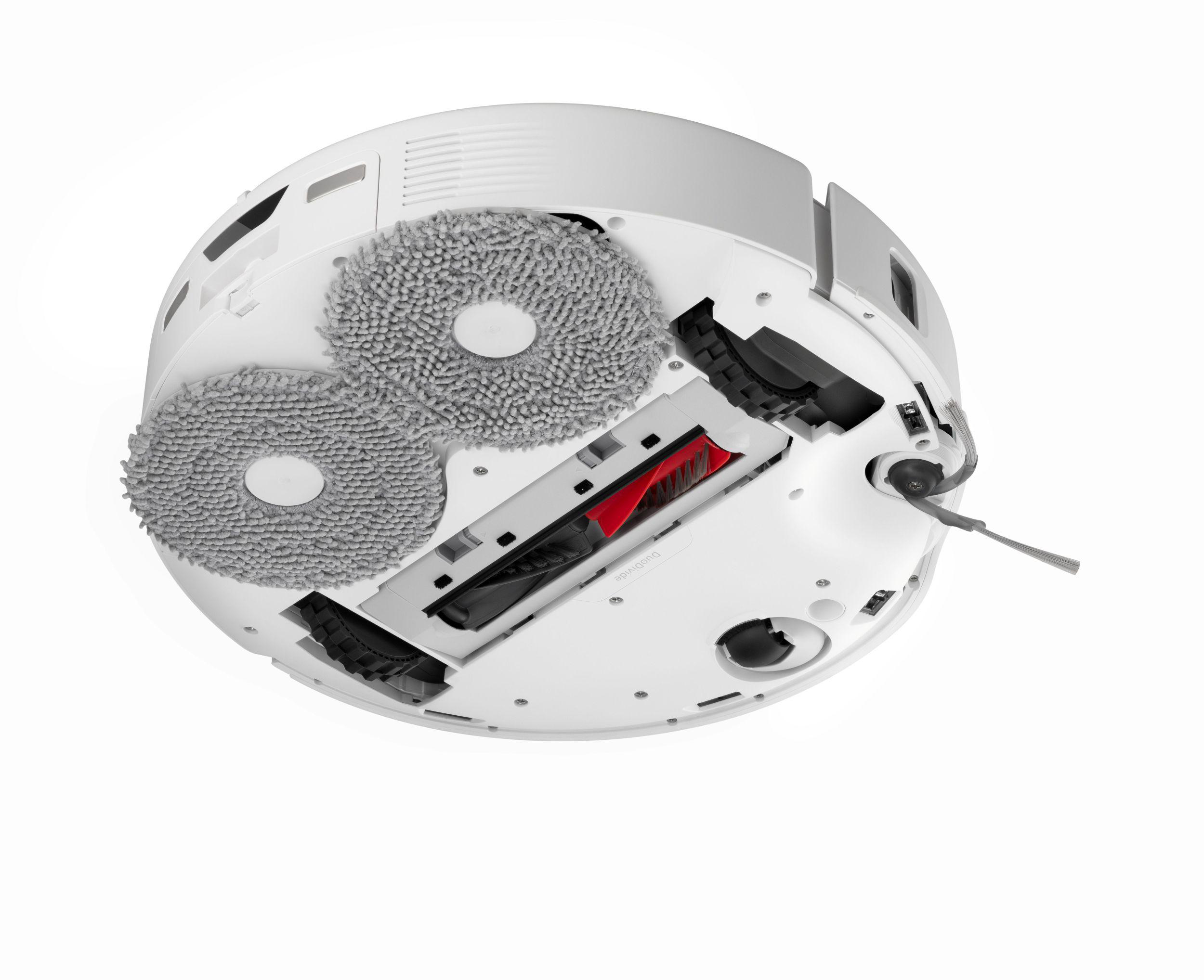 Ein weißer Roboter-Staubsauger mit zwei grauen Wischmopps, einer roten Bürste und einem schwarzen Abschnitt wird von unten gezeigt.