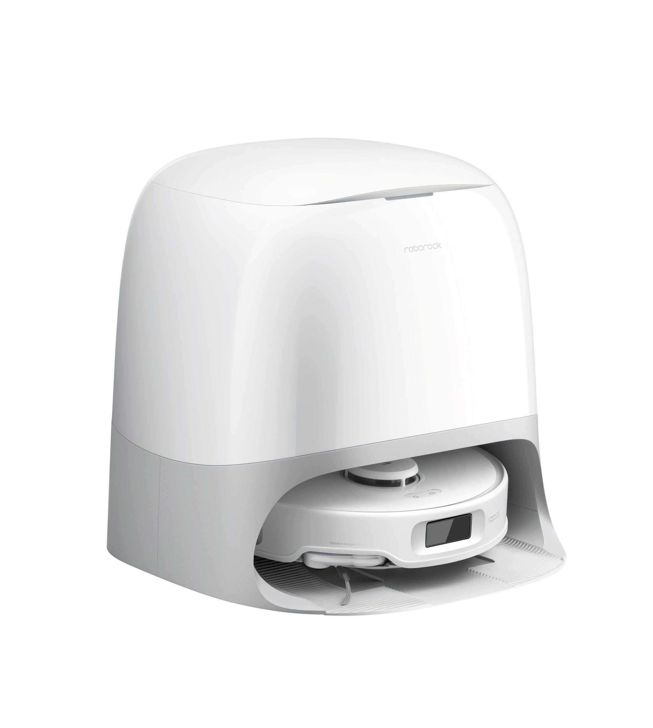 Weißer Roboter-Staubsauger mit Ladestation. Die Station ist weiß und grau. Der Markenname ist Roborock.