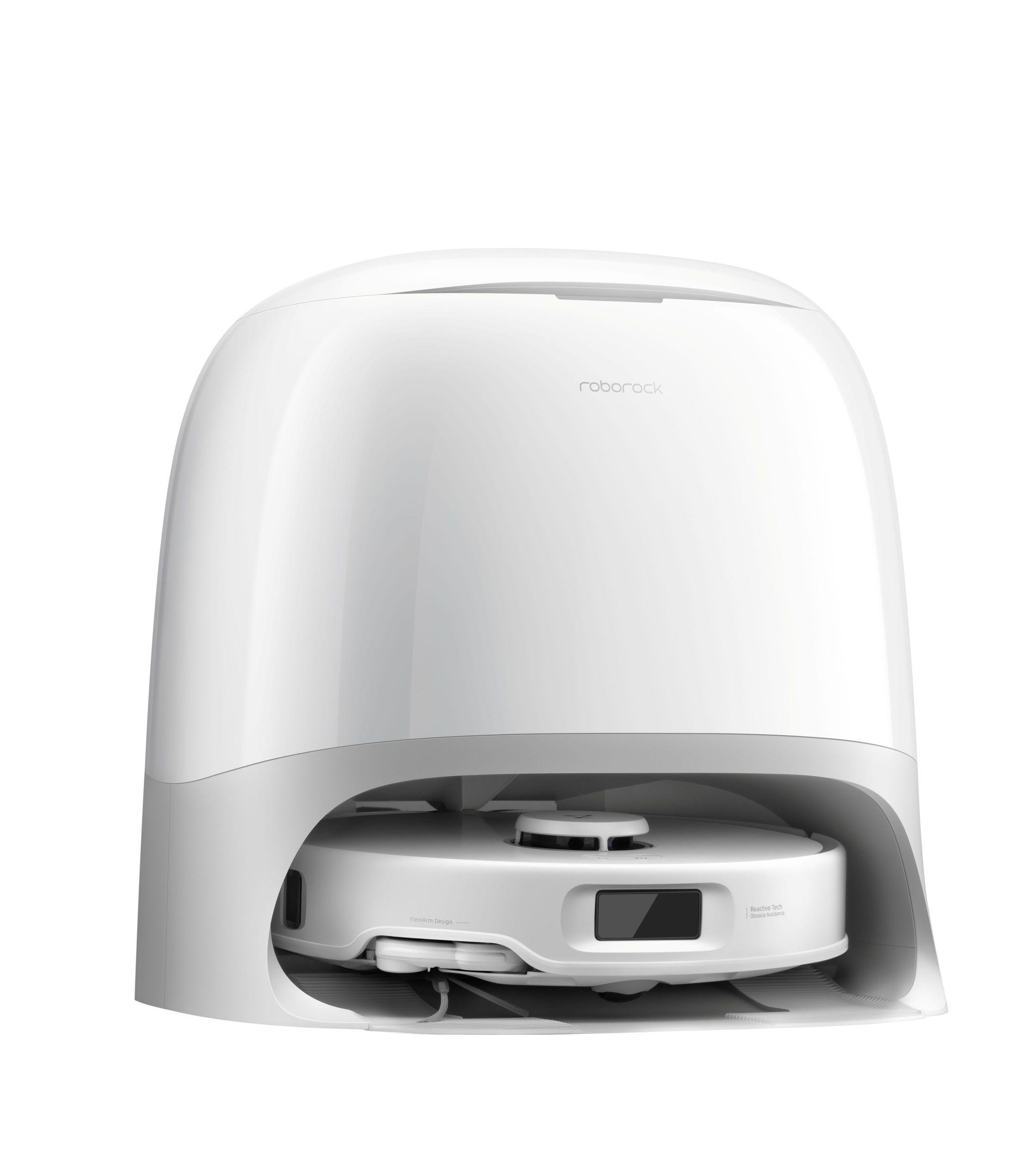 Ein weißer Roborock-Roboter-Staubsauger mit Ladestation. Er hat ein schlankes, modernes Design.