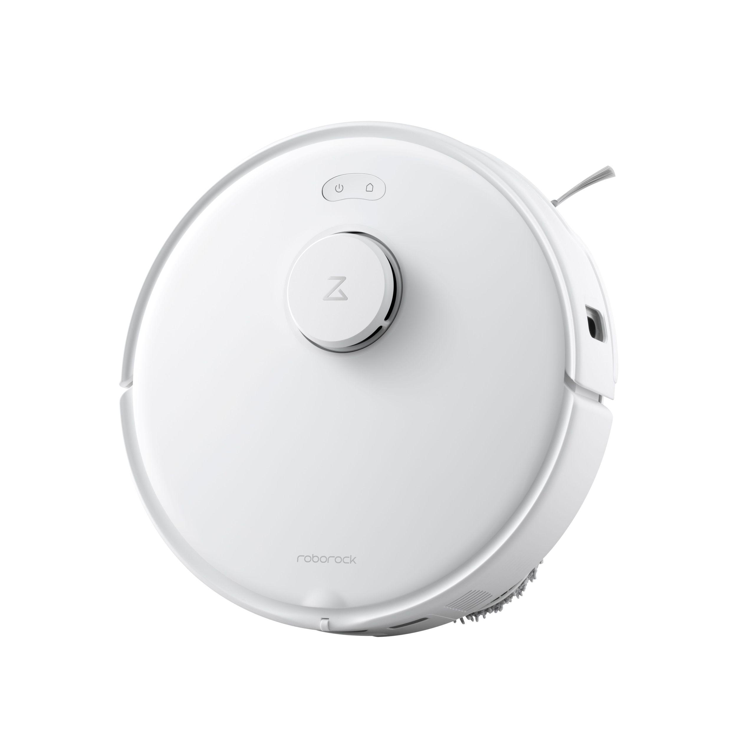 Ein weißer Roborock-Roboter-Staubsauger. Er hat eine runde Form mit einem zentralen Navigationstaste und zwei Steuertasten.