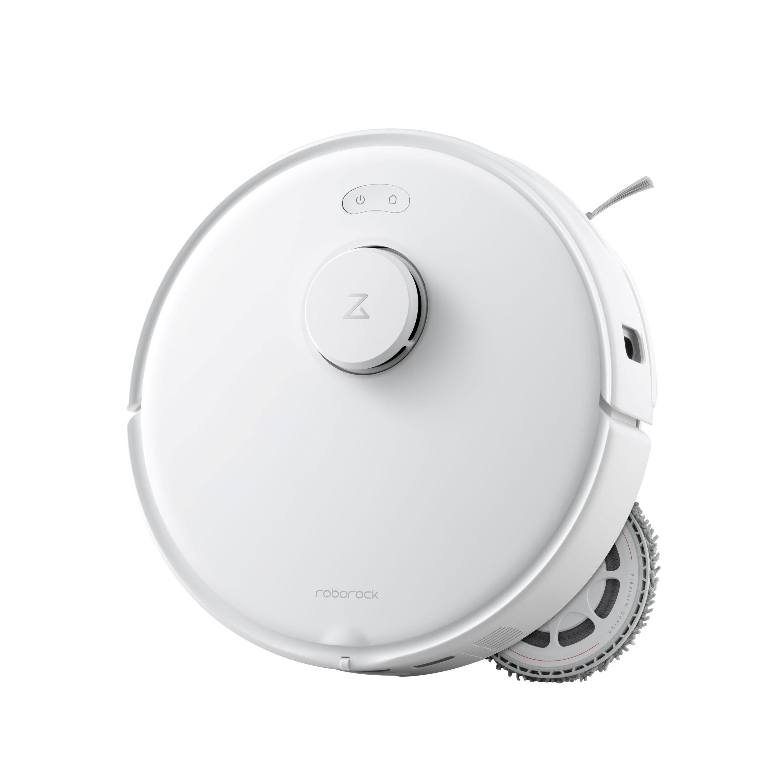 Weißer, runder Roborock-Roboter-Staubsauger. Verfügt über ein zentrales Modul, einen Ein-/Ausschalter und ein Rad. Der Hintergrund ist weiß.