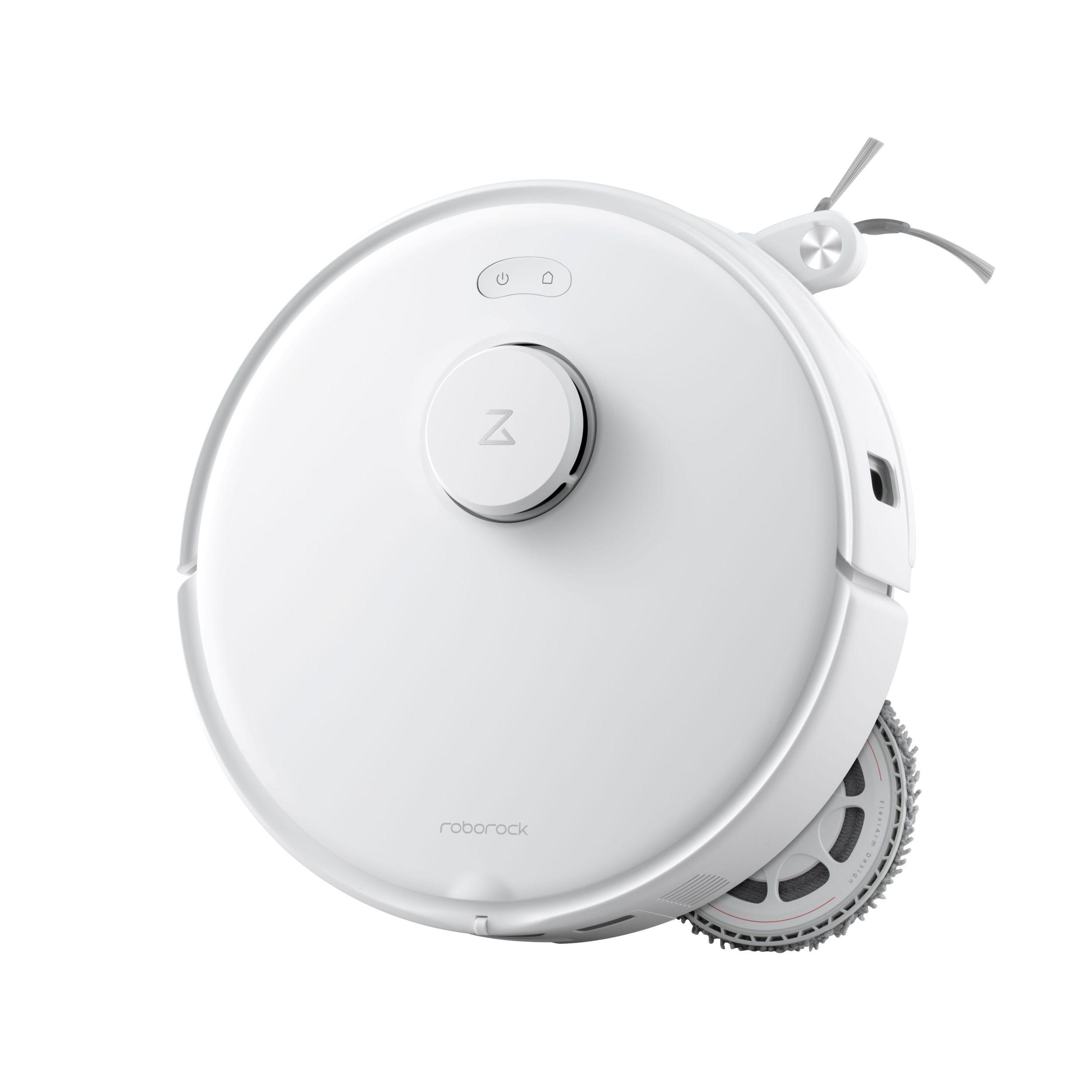 Ein weißer Roborock-Roboter-Staubsauger mit zentraler Taste und Seitenbürsten. Das Rad ist sichtbar.