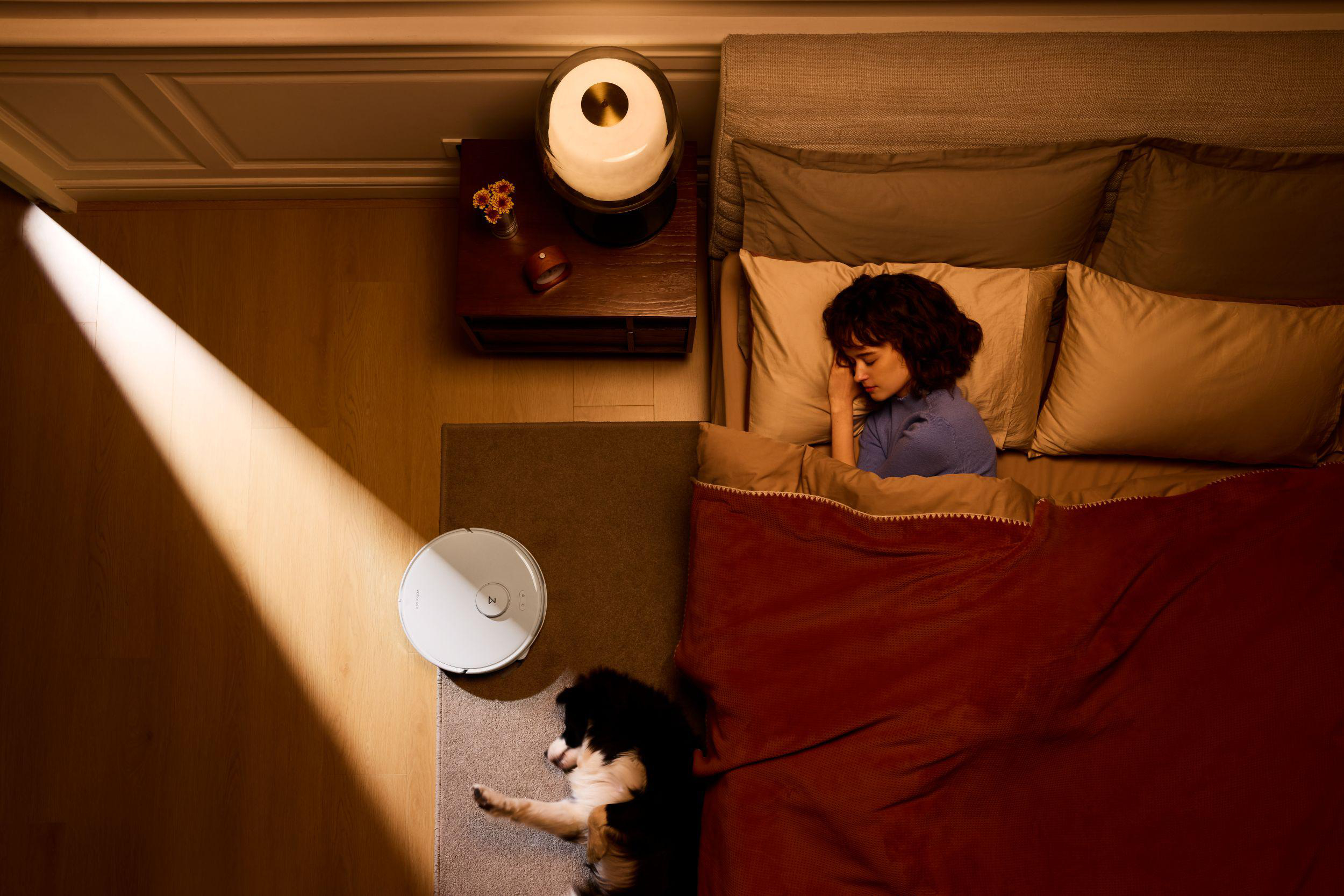 Eine schlafende Frau im Bett, ein Hund und ein Roboter-Staubsauger sind sichtbar. Sonnenlicht fällt auf den Holzboden.