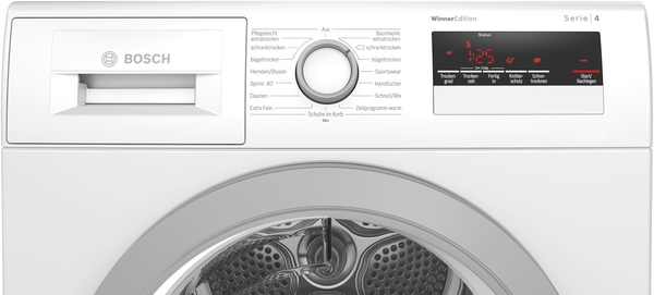 Ein weißer Bosch Serie 4 Trockner. Er hat ein Bedienfeld mit Einstellungen und eine Digitalanzeige mit Zeit- und Trocknungsoptionen.