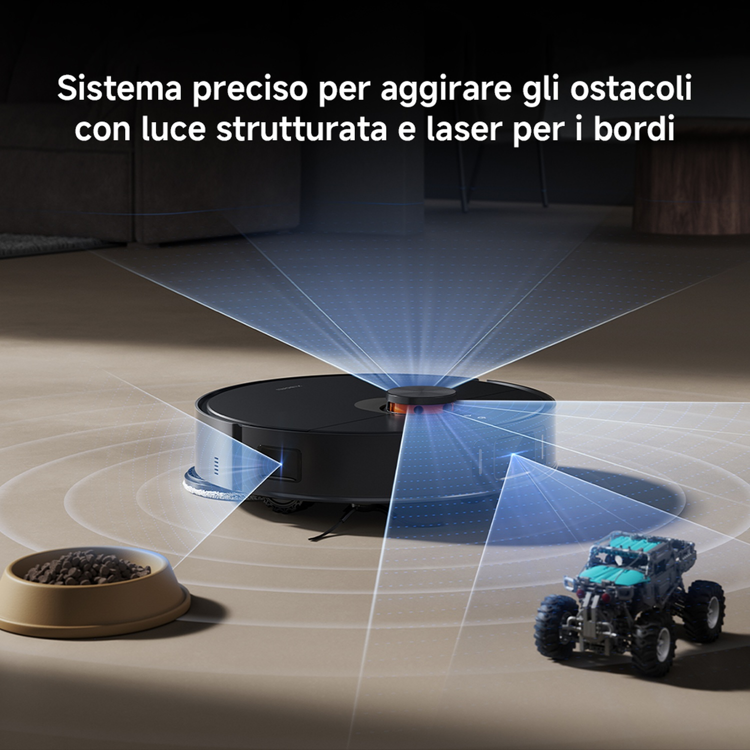 Un aspirapolvere robot nero con fasci di luce blu, che evita gli ostacoli. Un'auto giocattolo e una ciotola di cibo per animali sono visibili.