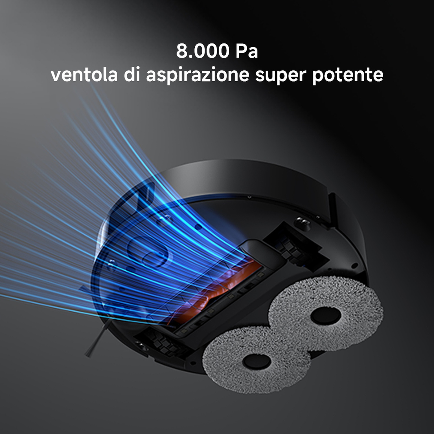 Aspirapolvere robot nero con linee di aspirazione blu. Il testo recita: 8.000 Pa, ventola di aspirazione super potente.