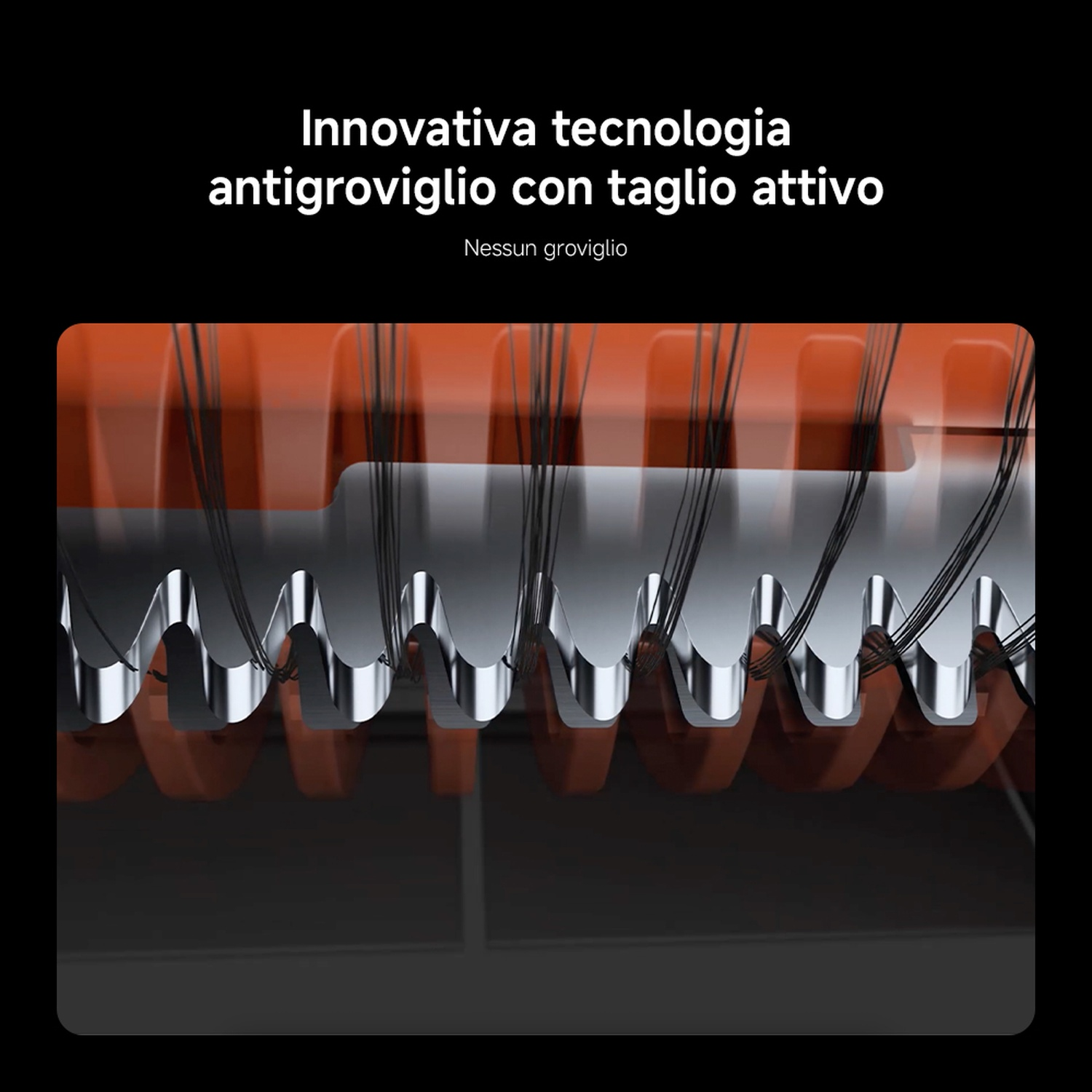 Primo piano di una parte di macchina. Ha componenti arancioni e argentati. La macchina ha una funzione anti-groviglio.