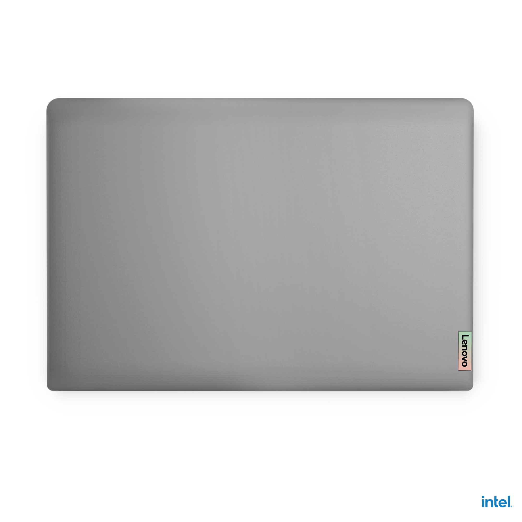 Ein grauer Lenovo-Laptop auf weißem Hintergrund. Das Lenovo-Logo befindet sich auf der rechten Seite.